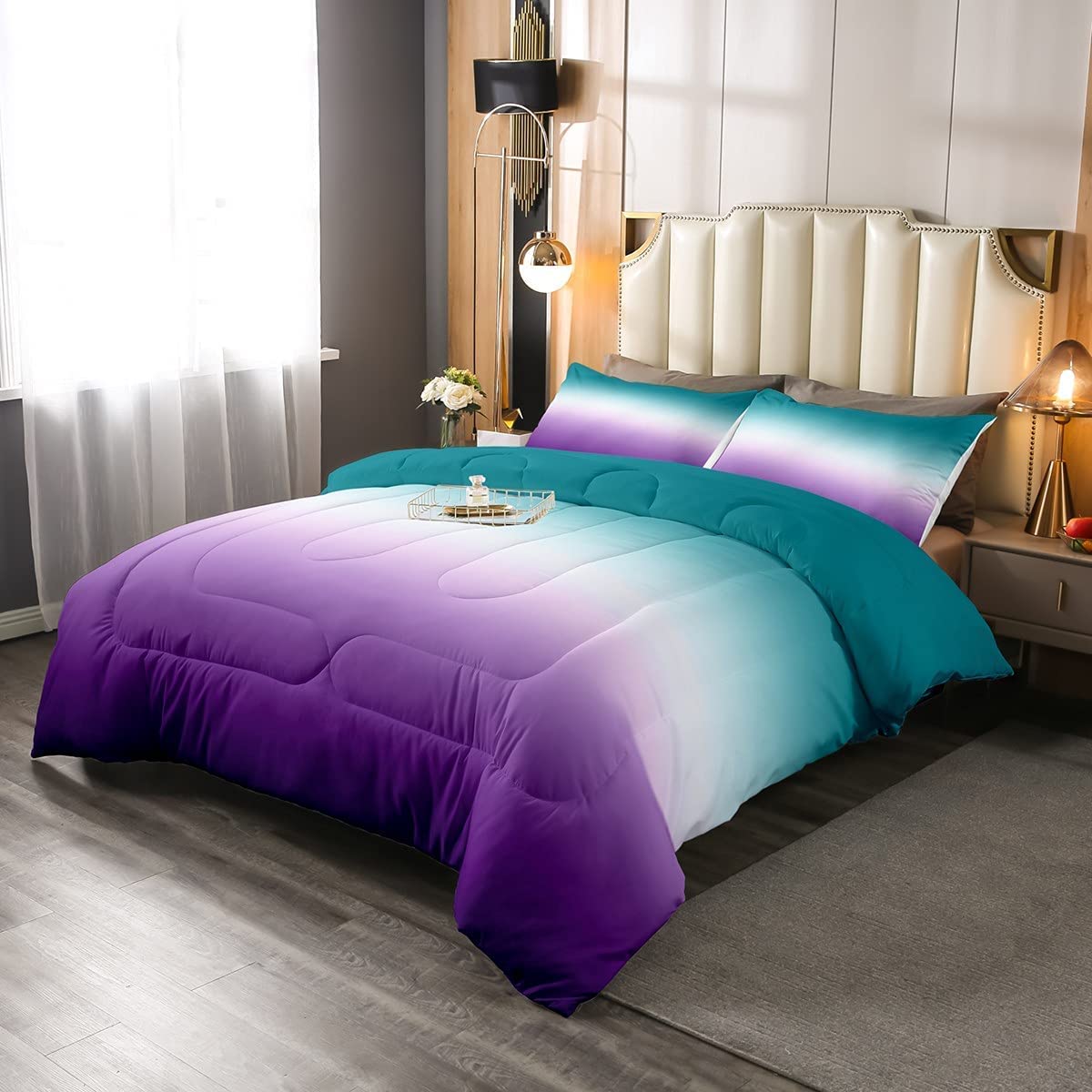 Erosebridal Ombre Comforter Set - King Size Green Purple Teal Gradient Down Comforter with 2 Pillowcases | Modern Abstract Quilt Duvet Insert | Soft, Warm & Lightweight Bedding for Master Bedroom, Guest Room & Dorm Decor