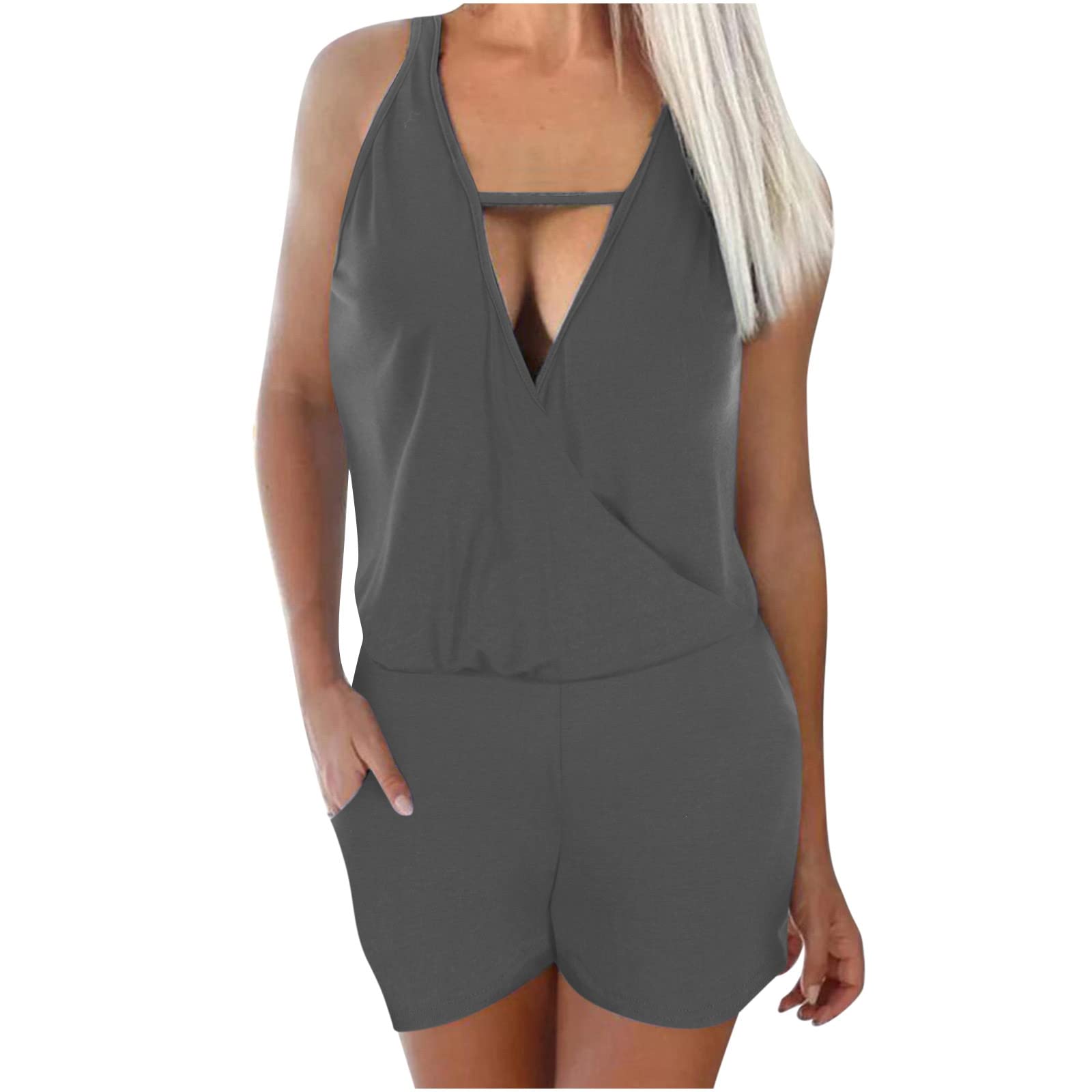 Posijego Women's Casual Overalls - Paperbag Waist Sexy Tank Top Loose Fit Sleeveless V-Neck Blouse Camisole Jumpsuit | Perfect for Summer Outings, Beach Vacations & Casual Streetwear