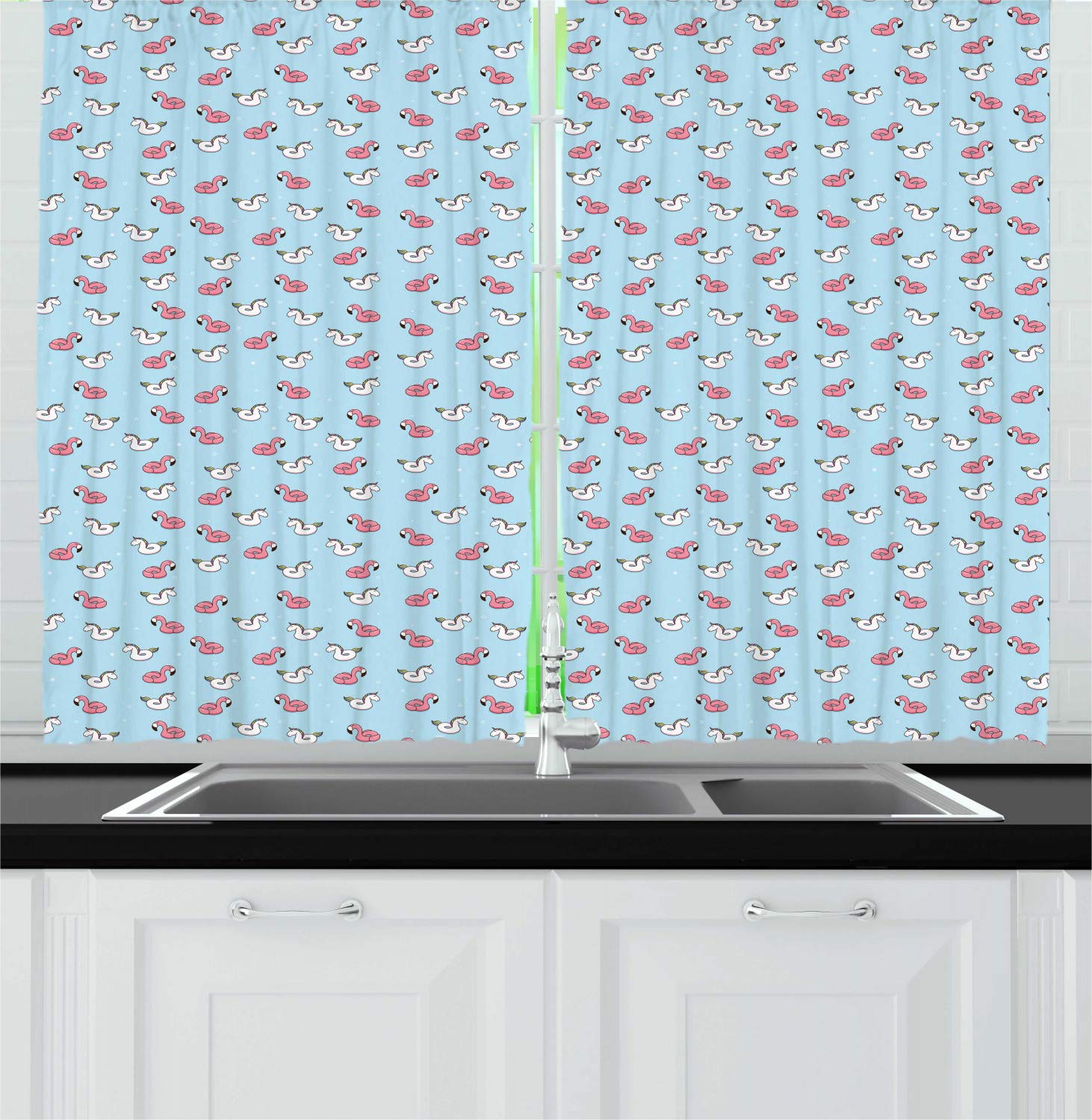 Ambesonne Pool Party Kitchen Curtains - Inflatable Rubber Unicorn & Flamingo Cartoon Swim Ring Window Drapes, 2 Panel Set for Kitchen & Cafe Decor, 55 x 39 Inches, Pale Blue White Pastel Pink - Perfect for Beach Themed Parties, Summer Home Decor & Tropical Vacation Style