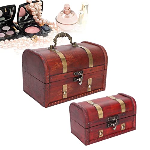 Vintage Wooden Treasure Chest with Lock - 2pcs Decorative Storage Box for Jewelry, Keepsakes & Home Office Decor - Retro Hinged Lid Desk Organizer for Gifts & Crown Display