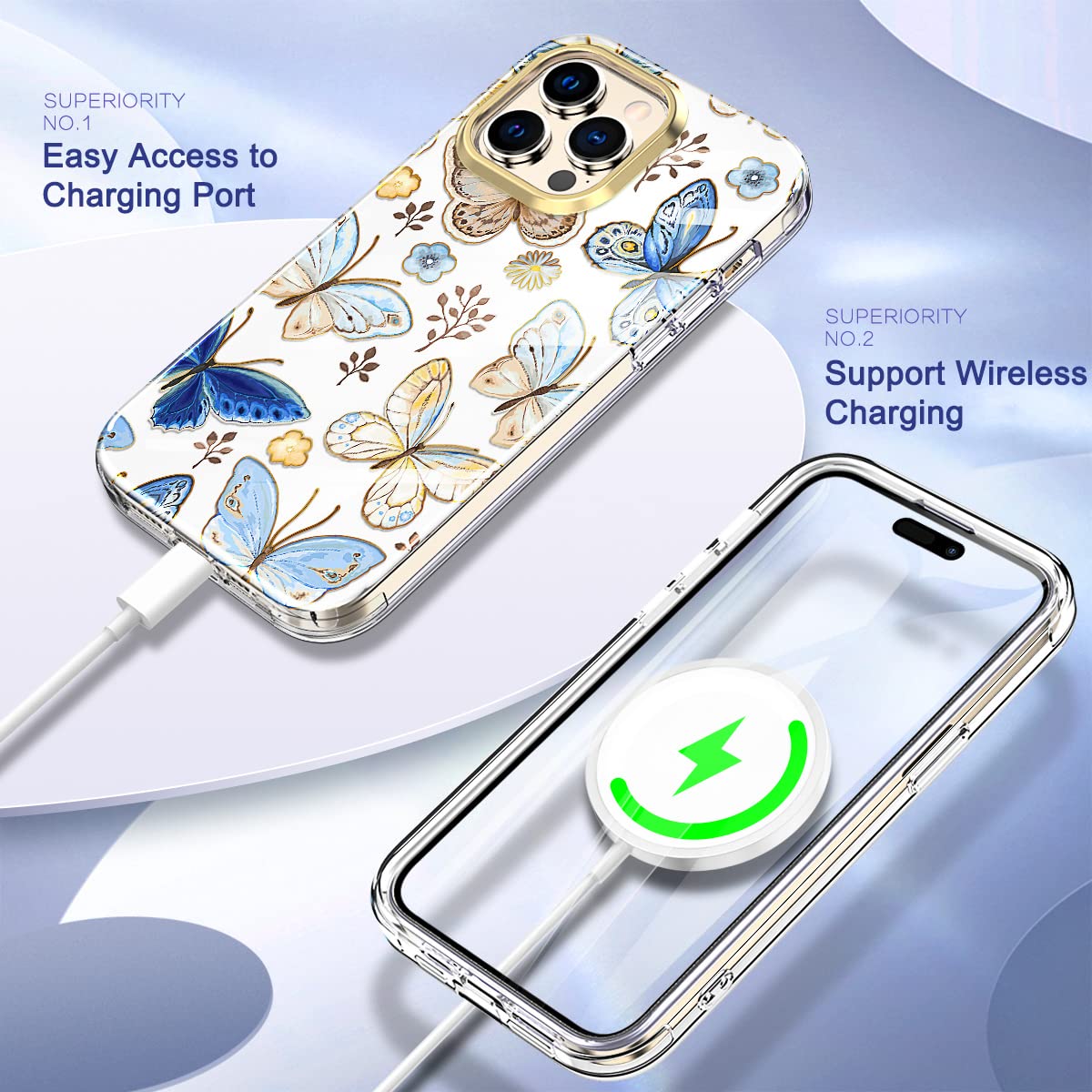 STERKER iPhone 15 Pro Case - Rugged Floral Design with Built-in Screen Protector | Shockproof TPU Bumper Cover for Women & Girls | Butterfly Pattern Protective Phone Case for Daily Use, Outdoor Activities & Travel