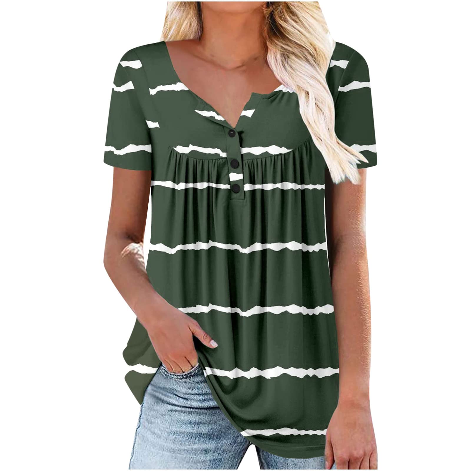 2022 Women's Summer Tops - Button Henley T-Shirts with Striped & Floral Print, Pleated Flowy Tunics for Casual Wear | Beach Outfits, Vacation Style, Everyday Comfort