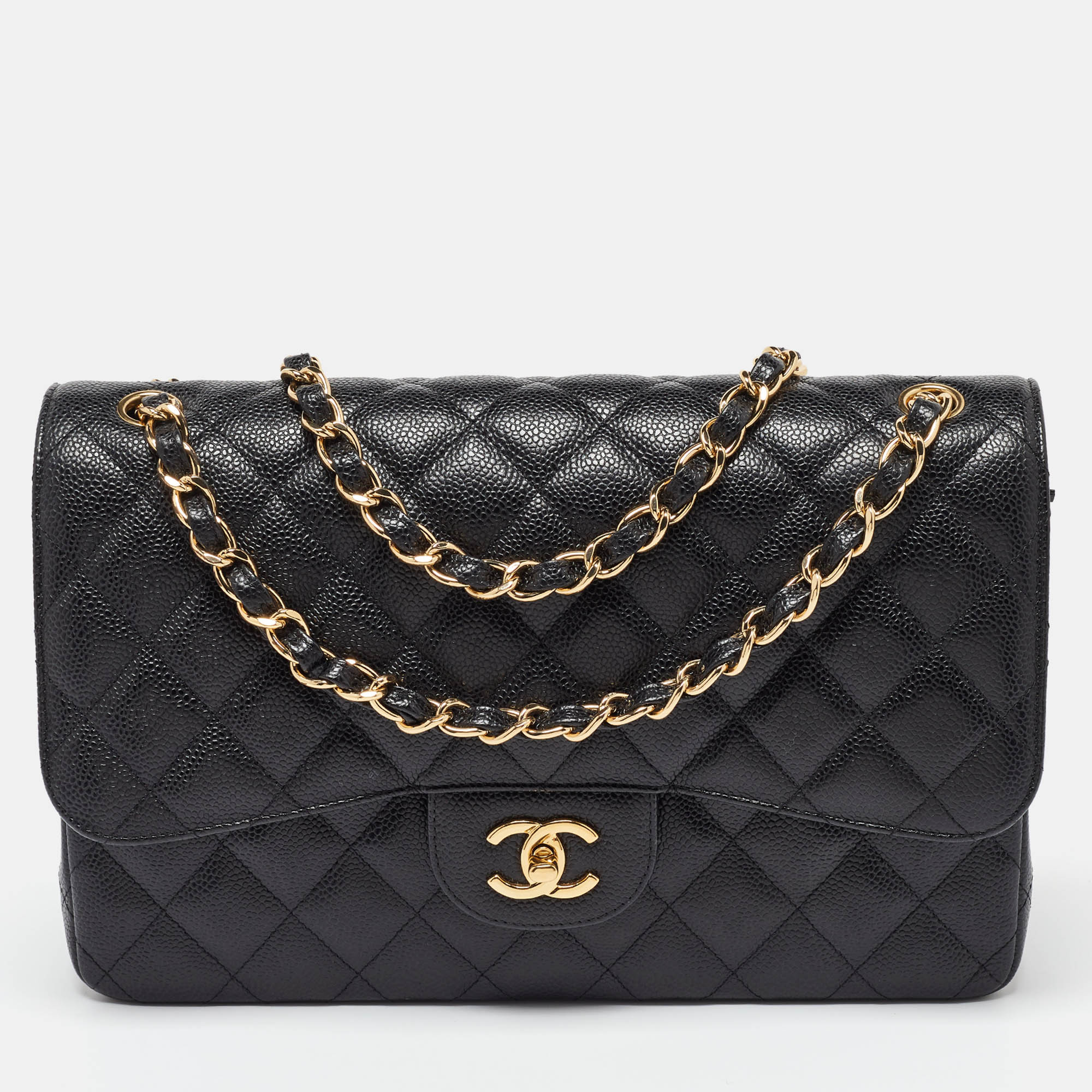 Luxury Black Caviar Quilted Leather Jumbo Classic Double Flap Handbag for Women | Designer Shoulder Bag & Crossbody Purse | Perfect for Work, Evening Events & Travel