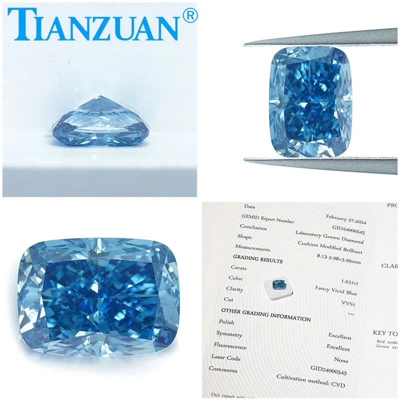 1ct VS1 Lab Grown CVD Diamond - Antique Cushion Cut Fancy Vivid Blue Loose Gemstone (2EX Cut, GEMID Certified) | Perfect for Engagement Rings, Custom Jewelry & Collector's Pieces