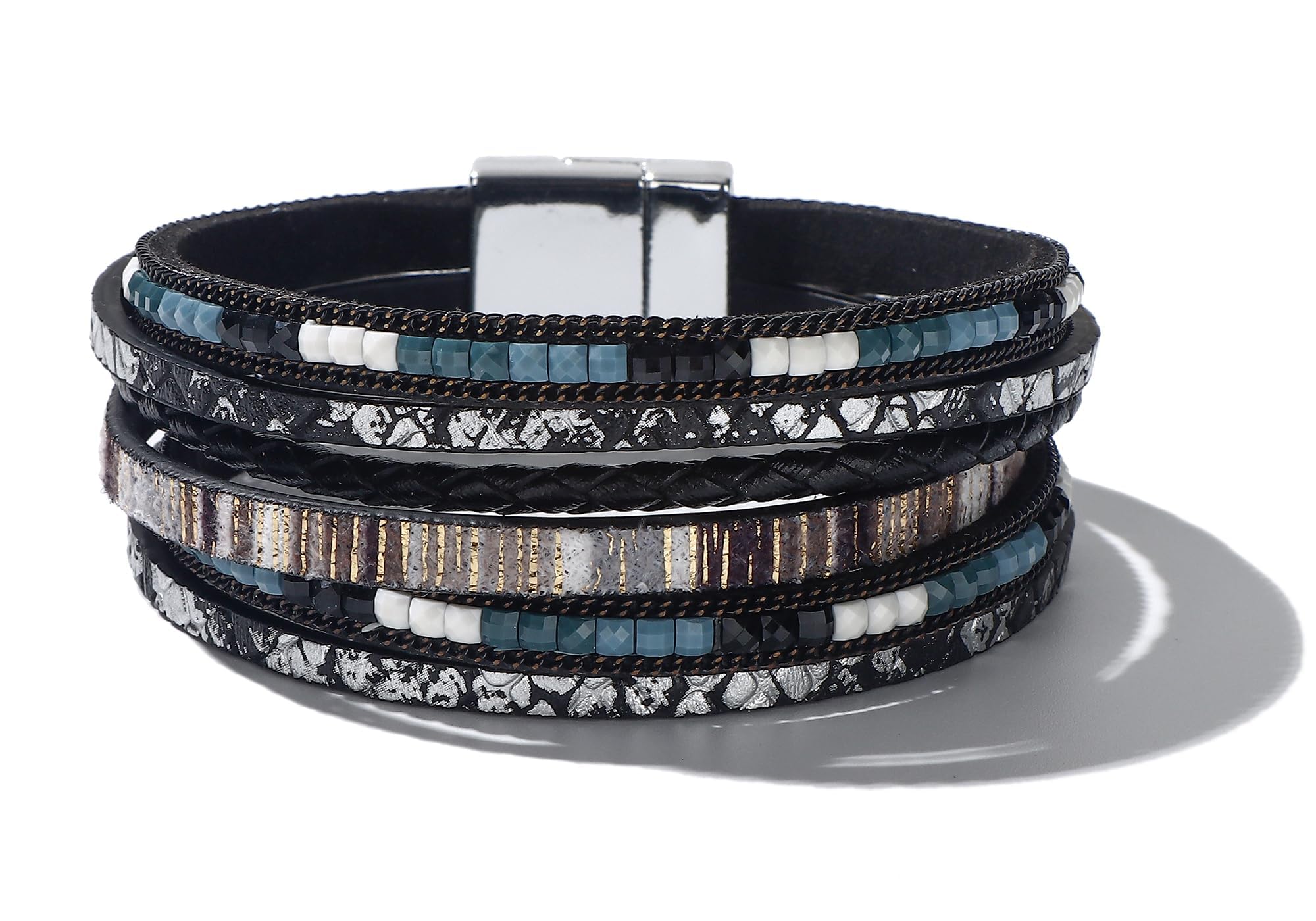 Trendy Blue Leather Wrap Bracelet for Women - Stackable Multi-Layer Western Cuff Bracelet | Perfect for Boho Fashion, Layered Jewelry Looks & Everyday Accessories