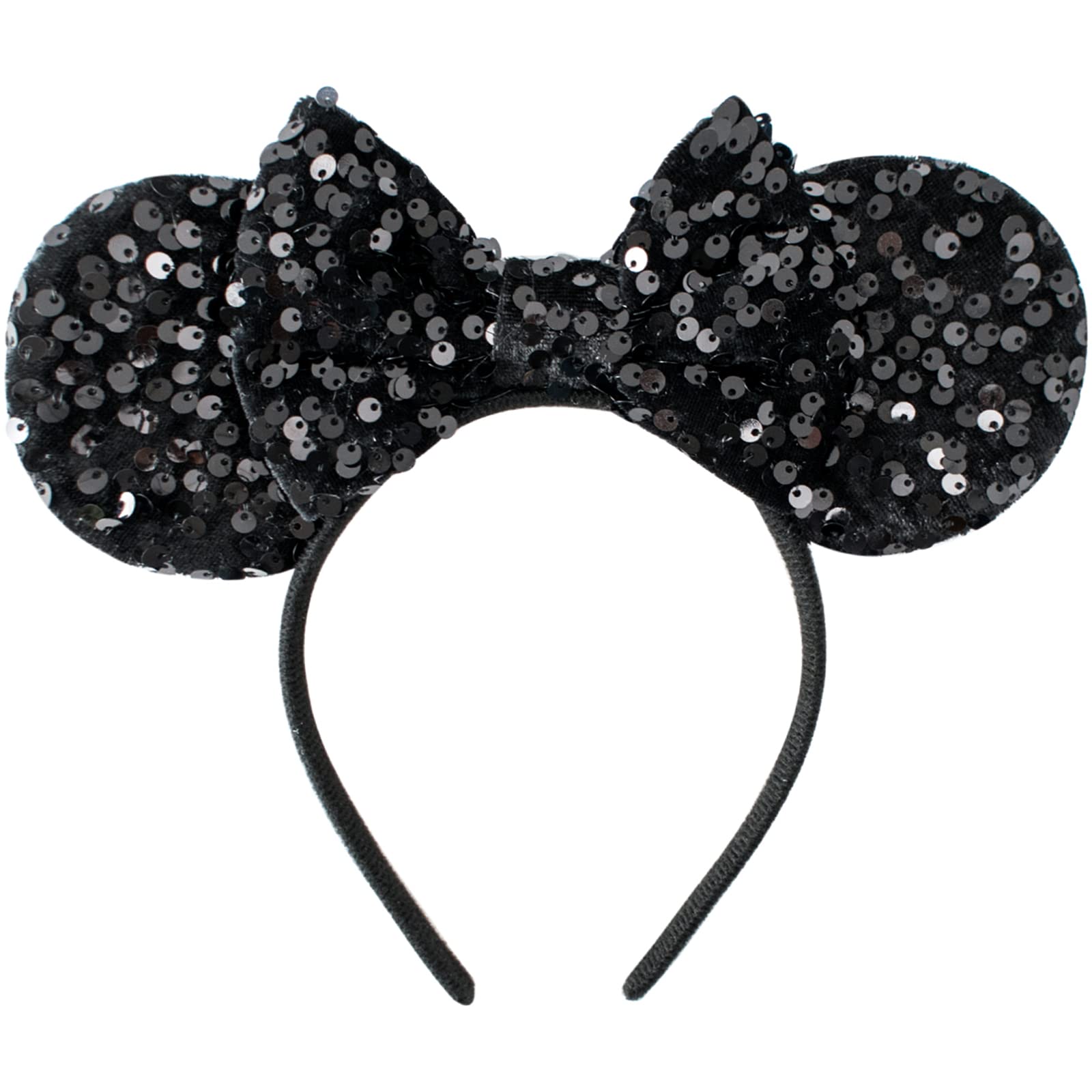 Sparkly KARETT Sequins Mouse Ears Headband with Glitter Bow - Disney Princess Cosplay Costume Accessory for Women & Girls - Perfect for Birthday Parties, Halloween Costumes & Theme Park Visits