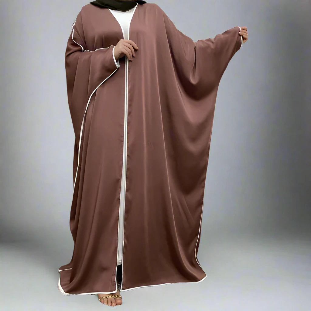 Elegant Batwing Sleeve Satin Cardigan Open Farasha Abaya Dress for Muslim Women - Perfect for Prayer, Weddings & Special Occasions
