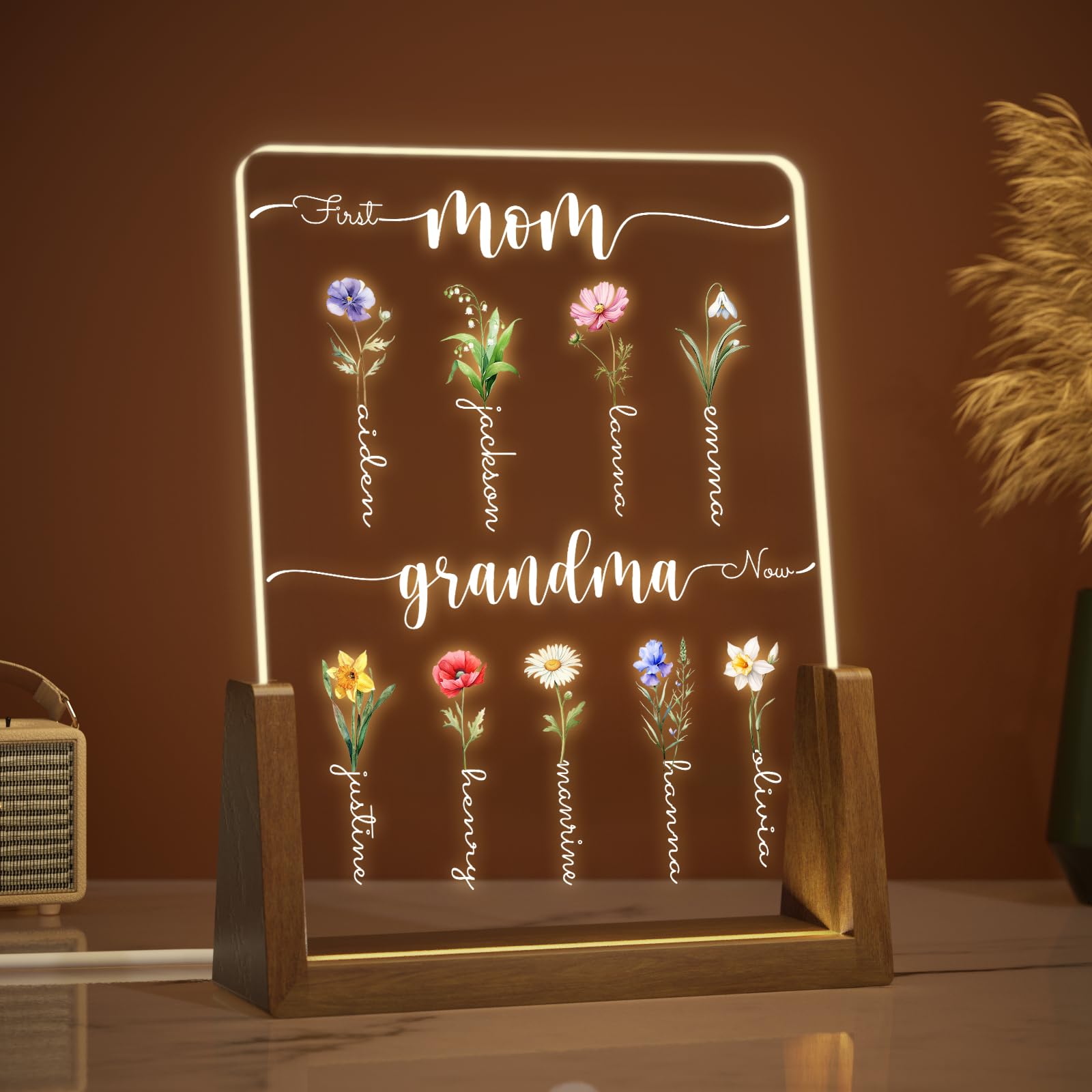 Personalized Mother's Day Gifts for Mom & Grandma - Customized Birth Month Flower with Names - Thoughtful Gift Ideas from Kids & Grandkids for Birthday, Mother's Day, or Special Occasions