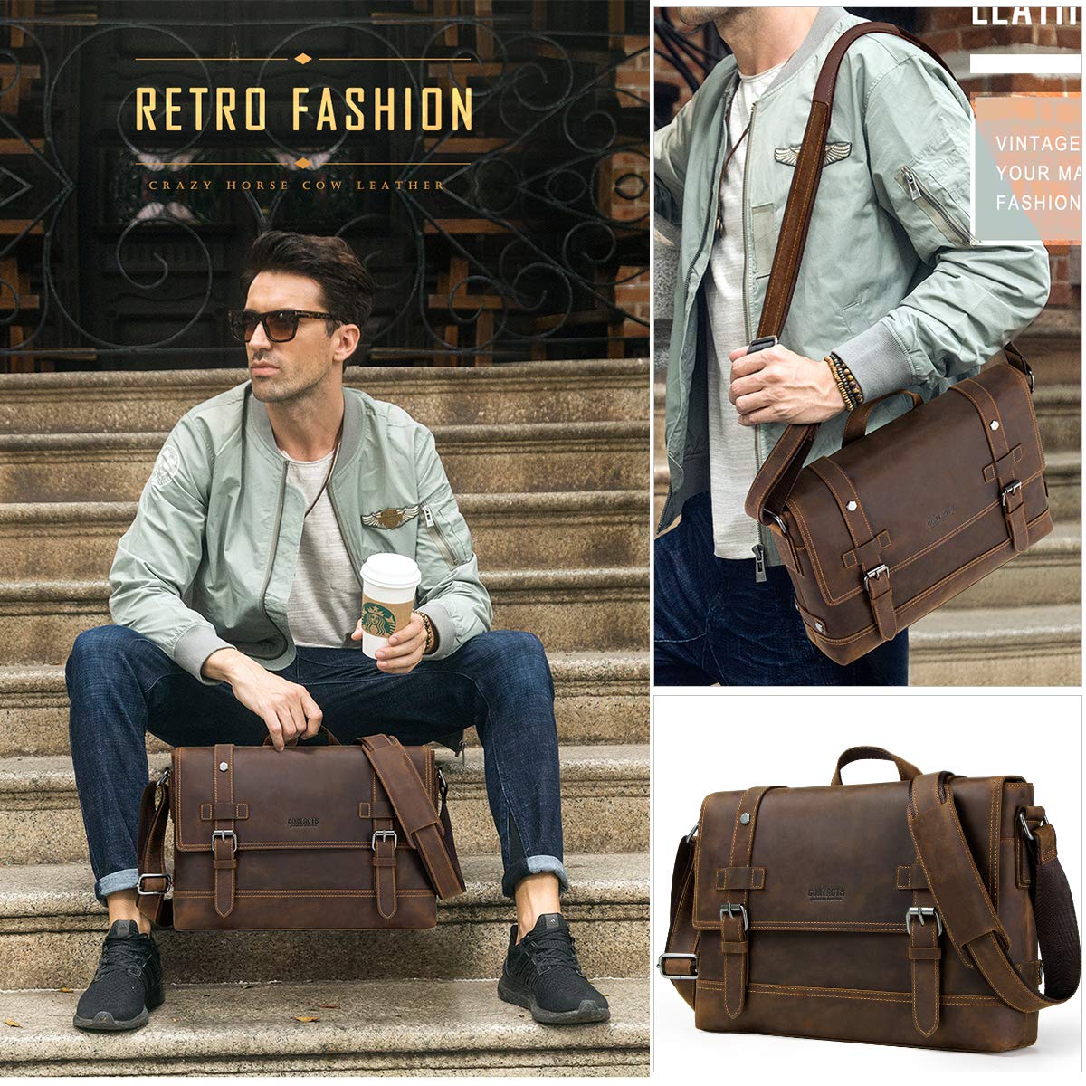 Crazy Horse Leather Messenger Bag for Men - 12 Inch Laptop Briefcase Business Shoulder Bag - Durable Work & Travel Computer Bag (Brown) - Perfect for Office Commute, Business Trips & Daily Use