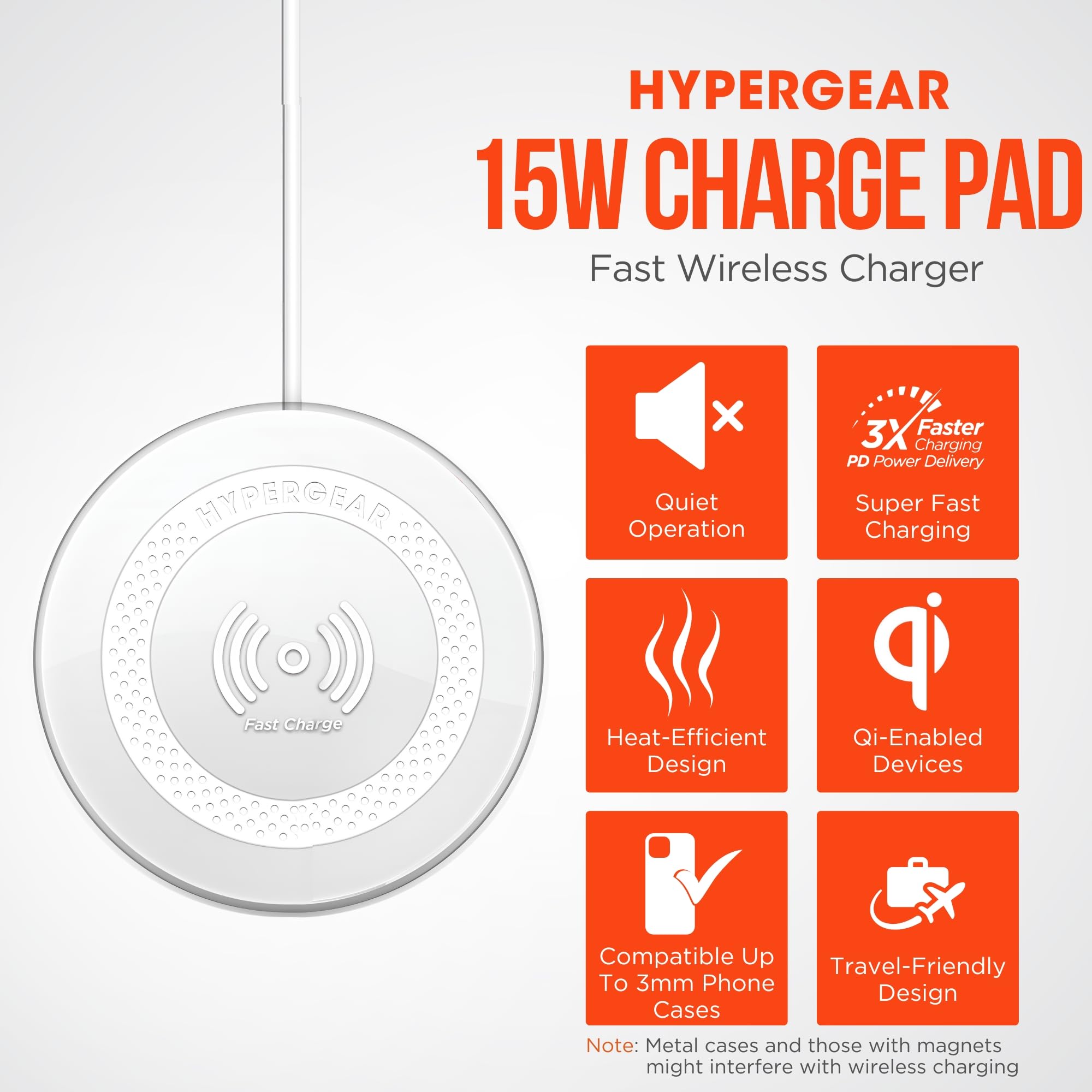 HyperGear ChargePad Pro 15W Fast Wireless Charging Pad with Soft Grips & LED Indicator - Qi-Certified for iPhone 15/14/13/12, Samsung Galaxy S23/S22, AirPods & Android Devices - Perfect for Home, Office & Nightstand Charging - White
