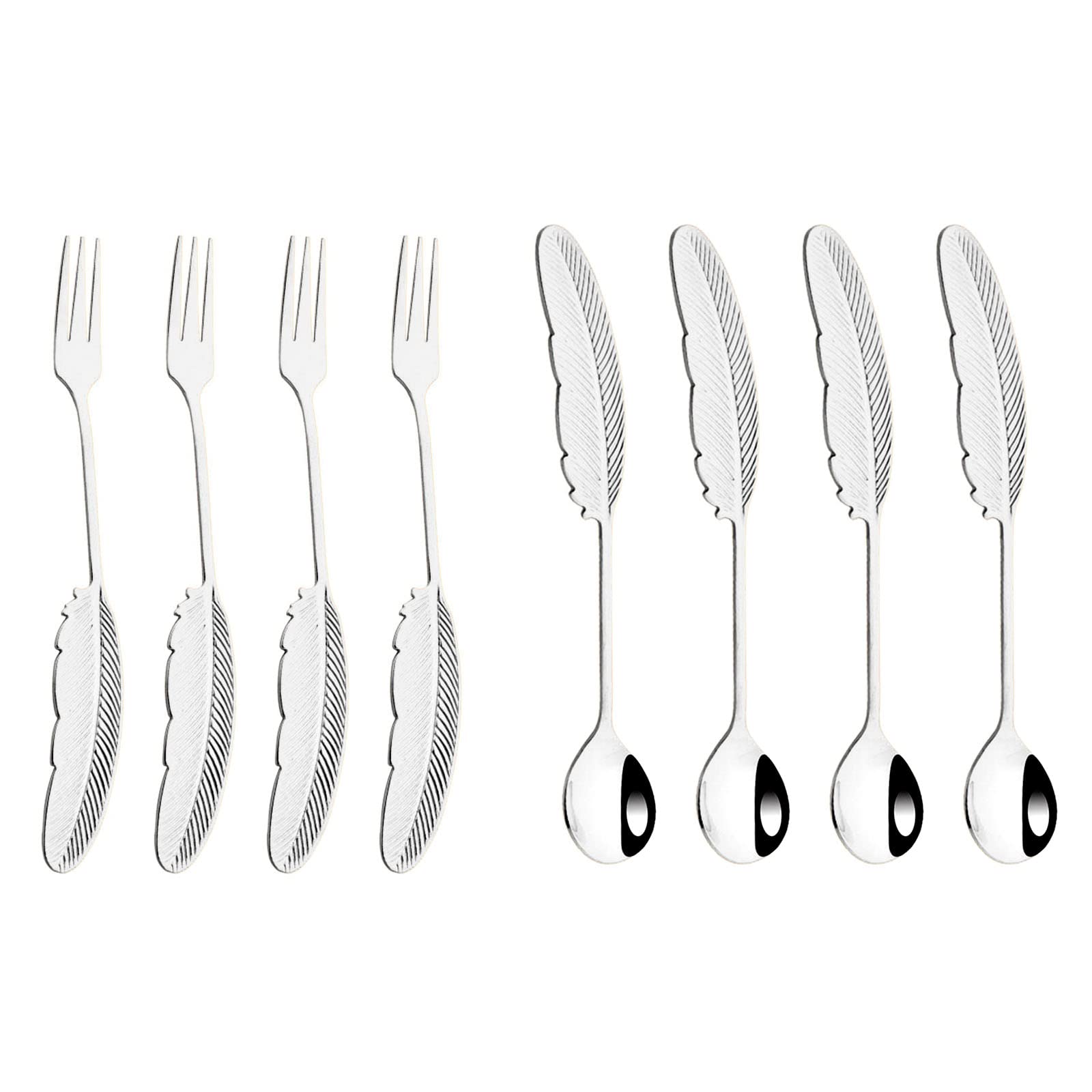 JASHII 8-Piece 304 Stainless Steel Silver Feather Coffee Spoon and Appetizer Fork Set - Mini Dessert Utensils for Stirring, Mixing, Fruit, Cake, Coffee, Tea - Perfect for Home, Cafe, Restaurant, and Party Use