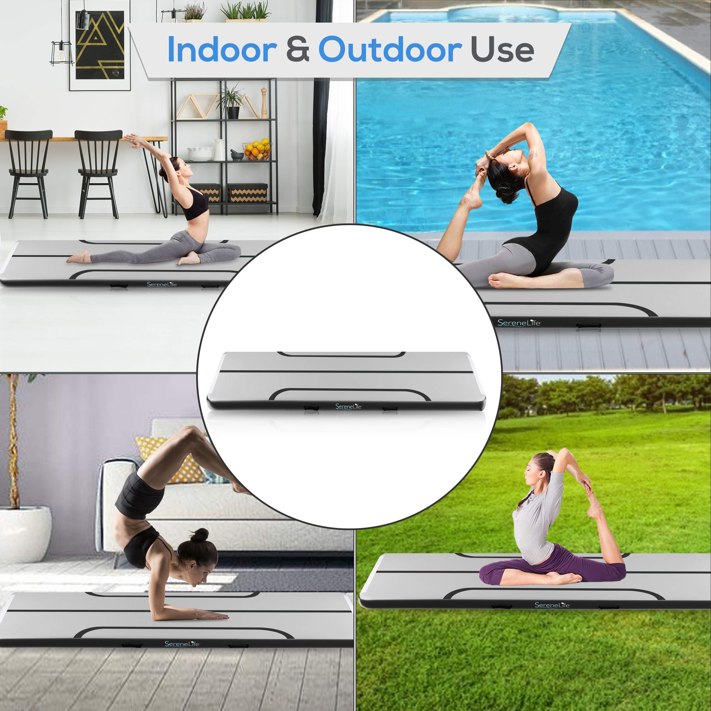 Serene Life 9.8ft Inflatable Gymnastics Air Track Mat - Portable Tumbling Mat for Indoor/Outdoor Use - Perfect for Gymnastics Training, Yoga, Cheerleading & Fitness - Black (SLGM3KB) | Great for Home Practice, Gym Sessions & Backyard Workouts