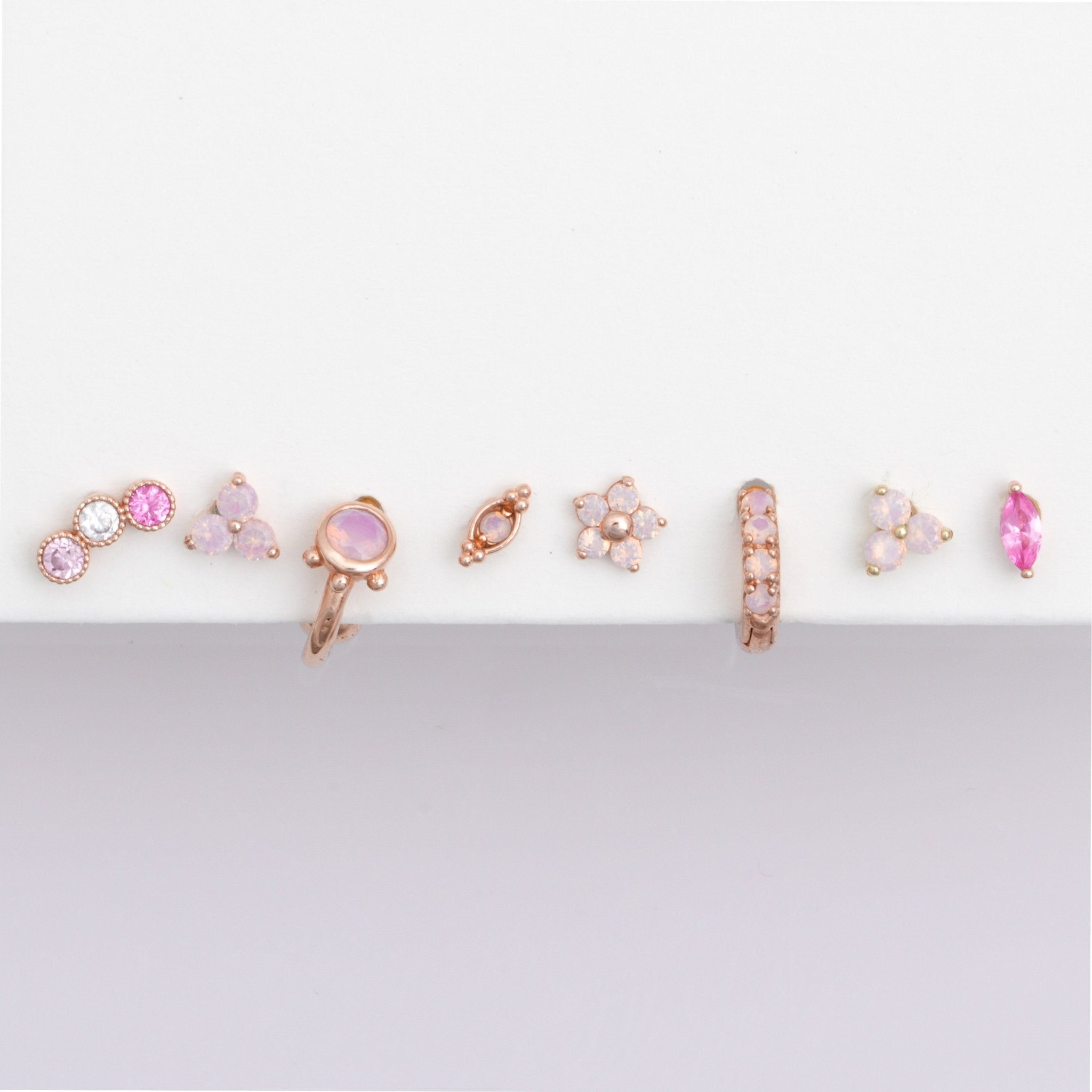 14K Rose Gold Pink Opal Trinity Cluster Stud Earrings - Flat Back for Sensitive Ears | Perfect for Everyday Wear, Gift Giving & Special Occasions