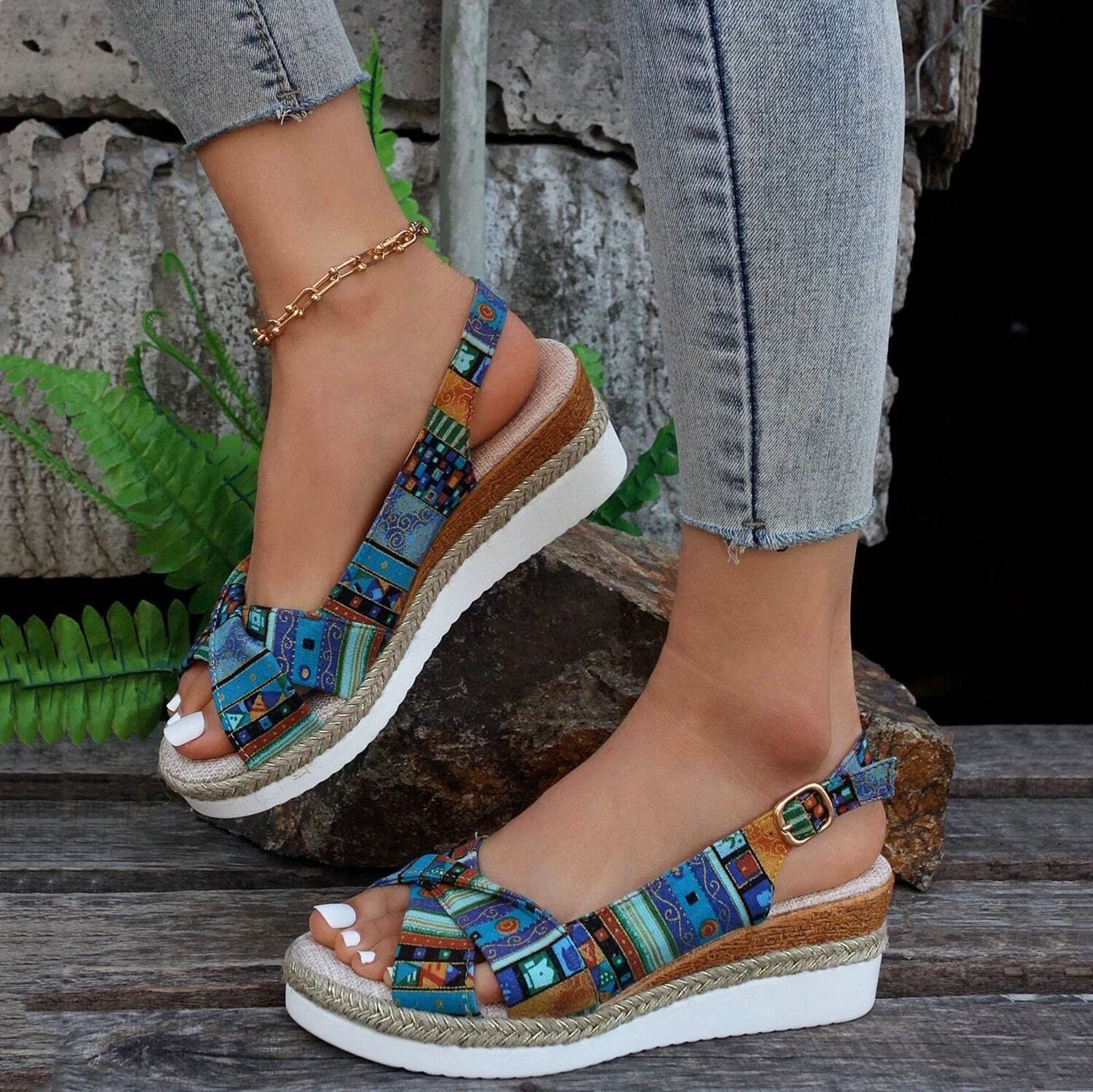 EMRELOD Women's Comfortable Orthopedic Wedge Sandals - Platform Espadrille Summer Shoes with Ankle Strap, Low Heel & Strappy Design for Beach, Walking, and Casual Outfits (Blue, Size 7.5)