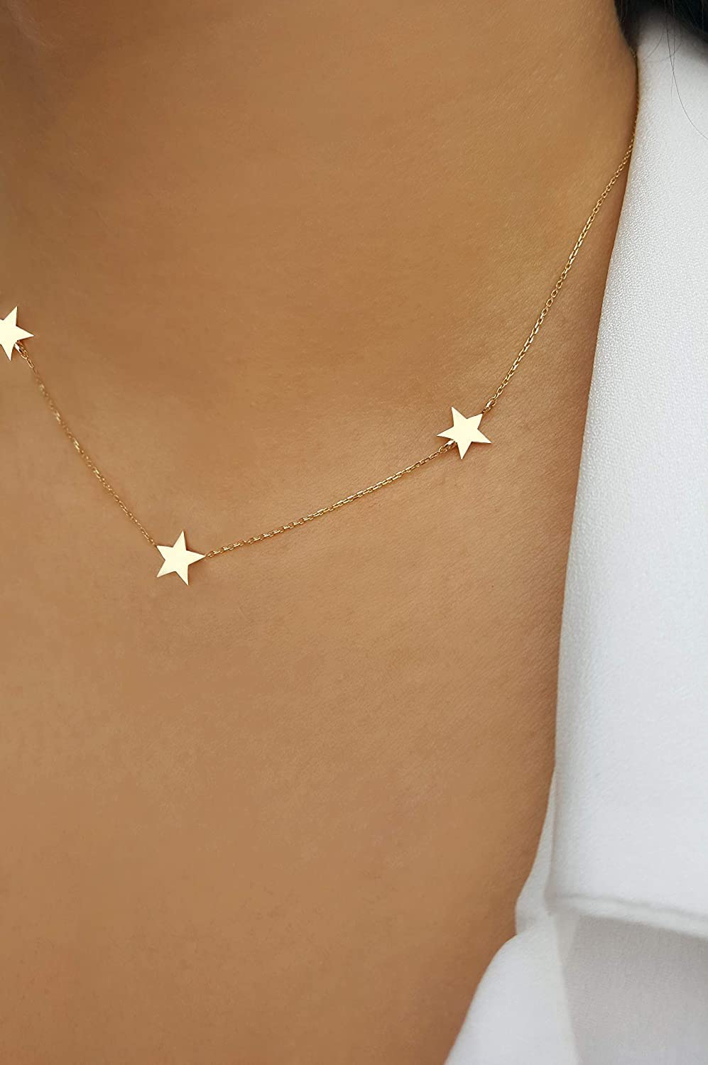14K Gold Triple Star Layering Necklace - Personalized Engraved Initials, Letters & Numbers - Dainty Sideways Charm Necklace for Women - Perfect for Everyday Wear, Gift Giving & Special Occasions