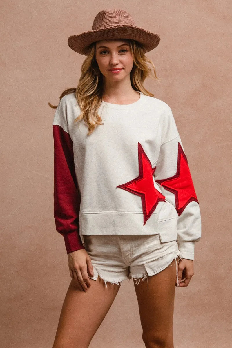 BiBi Star Patch & Spliced Hemline French Terry Long Sleeve Sweatshirt for Women - Cozy Casual Pullover for Fall & Winter Fashion | Perfect for Streetwear, Lounge Wear and Everyday Outfits