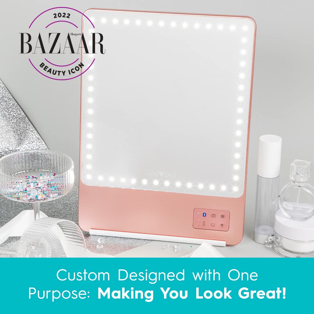 Glamcor Riki Skinny Smart Vanity Mirror with HD LEDs - 10X Magnifying Mirror Attachment, Phone Holder & Bluetooth Control (Rose Gold) | Perfect for Makeup, Skincare & Hair Styling at Home or Salon