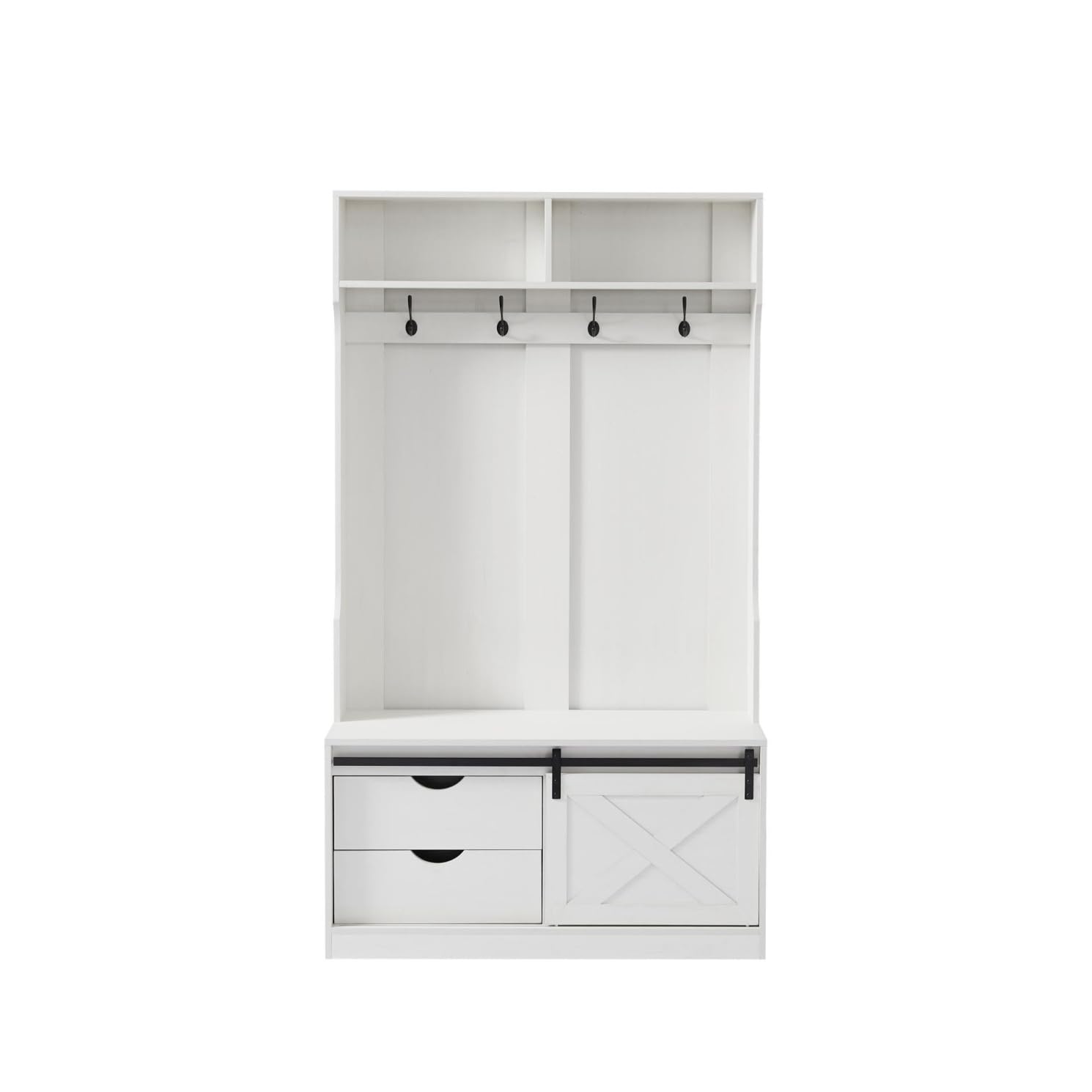 Multi-Functional Shoe Cubby Hall Tree with Bench, Coat Hooks & Storage Cabinet - Space-Saving Entryway Organizer for Mudroom, Living Room & Home Entry (Perfect for Shoes, Coats & Accessories Storage)