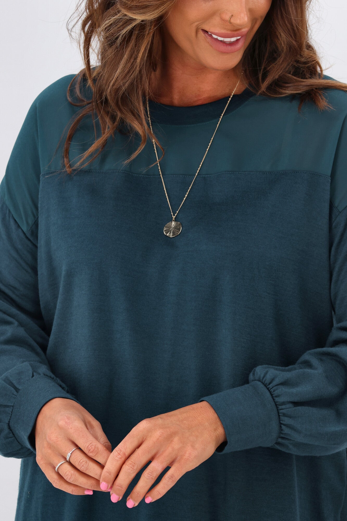 Alpine by Shine On Fleur Chiffon Yoke Merino Wool Top in Teal - Elegant Layering Piece for Work & Date Nights