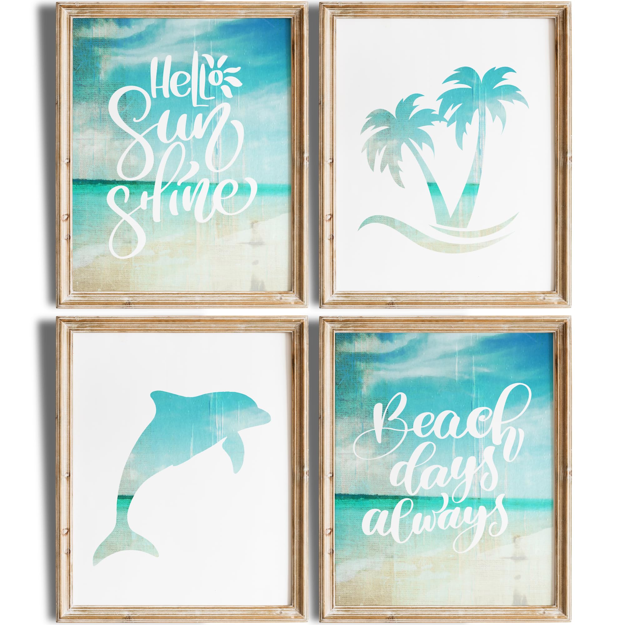 Beach Set Art Prints (Set of 4) - 11x14 Inches Unframed Wall Decor - Coastal Themed Paintings for Home & Office - Perfect for Living Room, Bedroom, Bathroom & Beach House Decor - Bring Ocean Vibes to Your Space