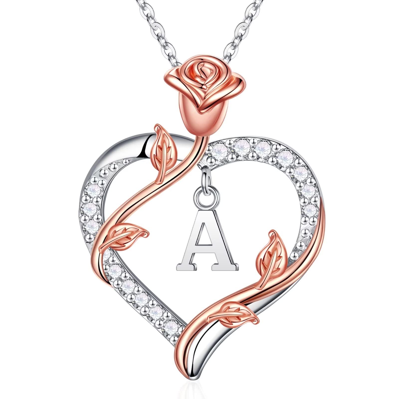 Rose Heart Initial Necklace for Women - 925 Sterling Silver Personalized Jewelry, Anniversary Birthday Gift for Wife Girlfriend Mom - Perfect for Valentine's Day, Wedding, Mother's Day & Romantic Occasions