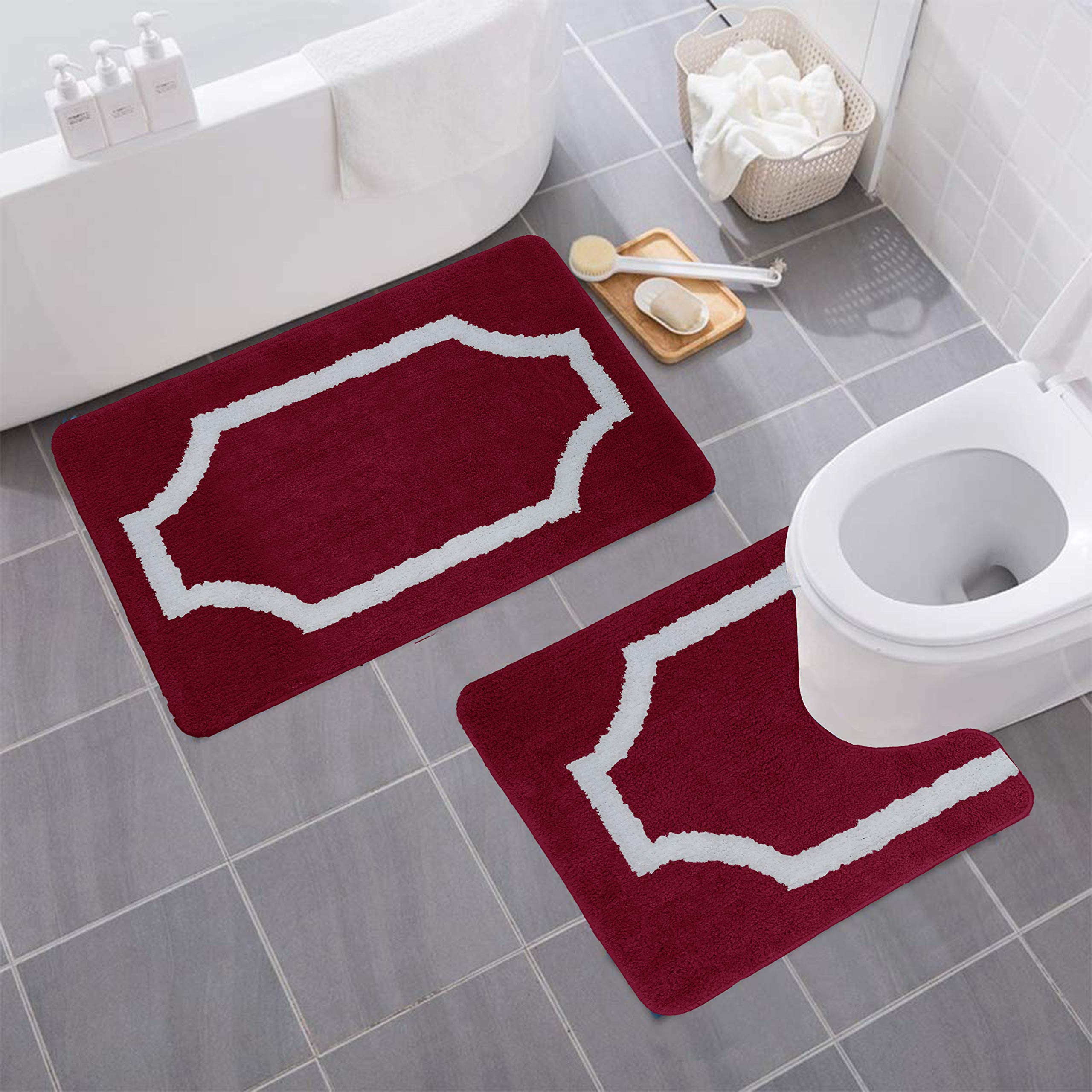 Premium 2-Piece Modern Microfiber Bathroom Rug Set with Non-Slip PVC Backing - Soft & Absorbent - Burgundy Luxury Bath Mat for Bathroom, Shower & Vanity Areas