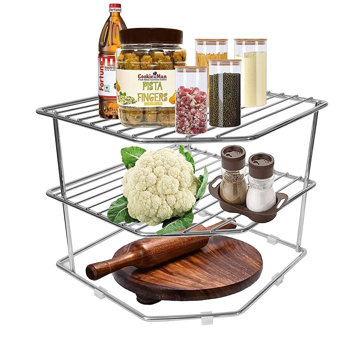 TechSrmaji Steel 3-Tier Kitchen Rack – Corner Storage & Dish Organizer, Chakla Belan Rack, Countertop Shelf for Small Space Kitchen, Perfect for Apartments & Compact Homes