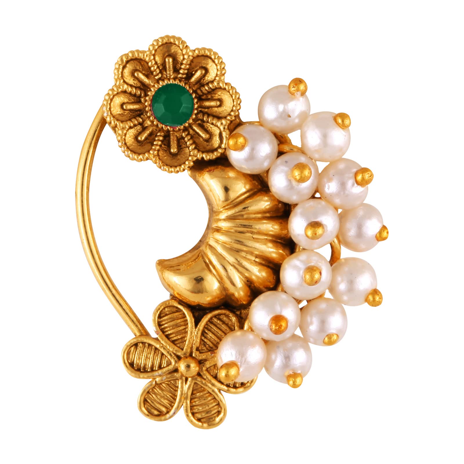 Vighnaharta Gold Plated Pearl Alloy Nose Ring with Artificial Stones - Traditional Maharashtrian Non-Piercing Nath - Valentine's Day Gift for Women & Men (VFJ1179NTH-Press-Green) | Perfect for Weddings, Festivals & Ethnic Fashion