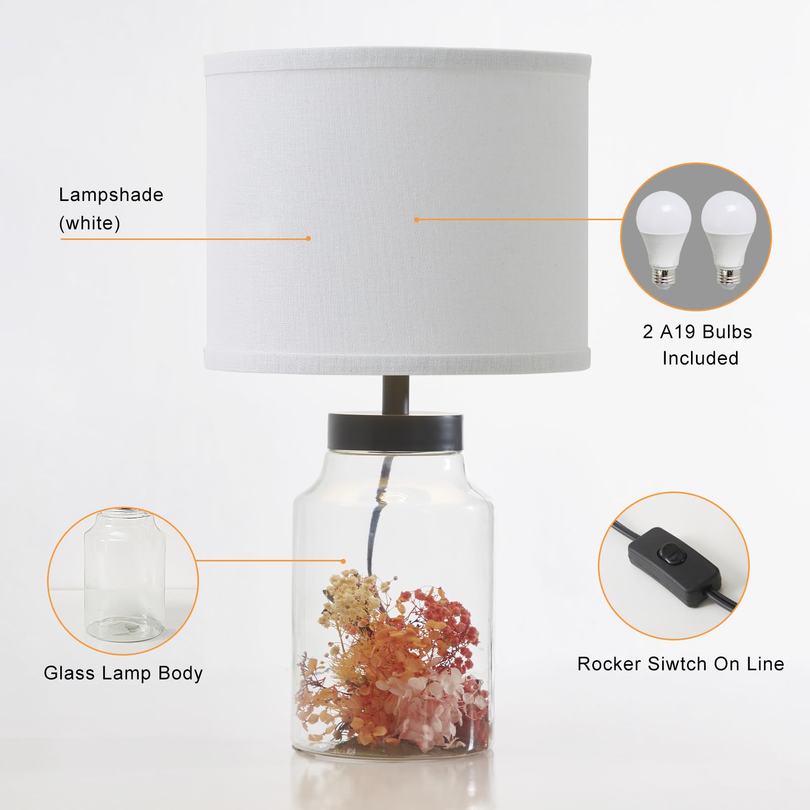 GyroVu Fillable Glass Table Lamp with White Lampshade - Modern Decorative Lighting for Living Room, Bedroom & Office - Includes Bulb - Perfect for Nightstands, Desks and Home Decor (White)