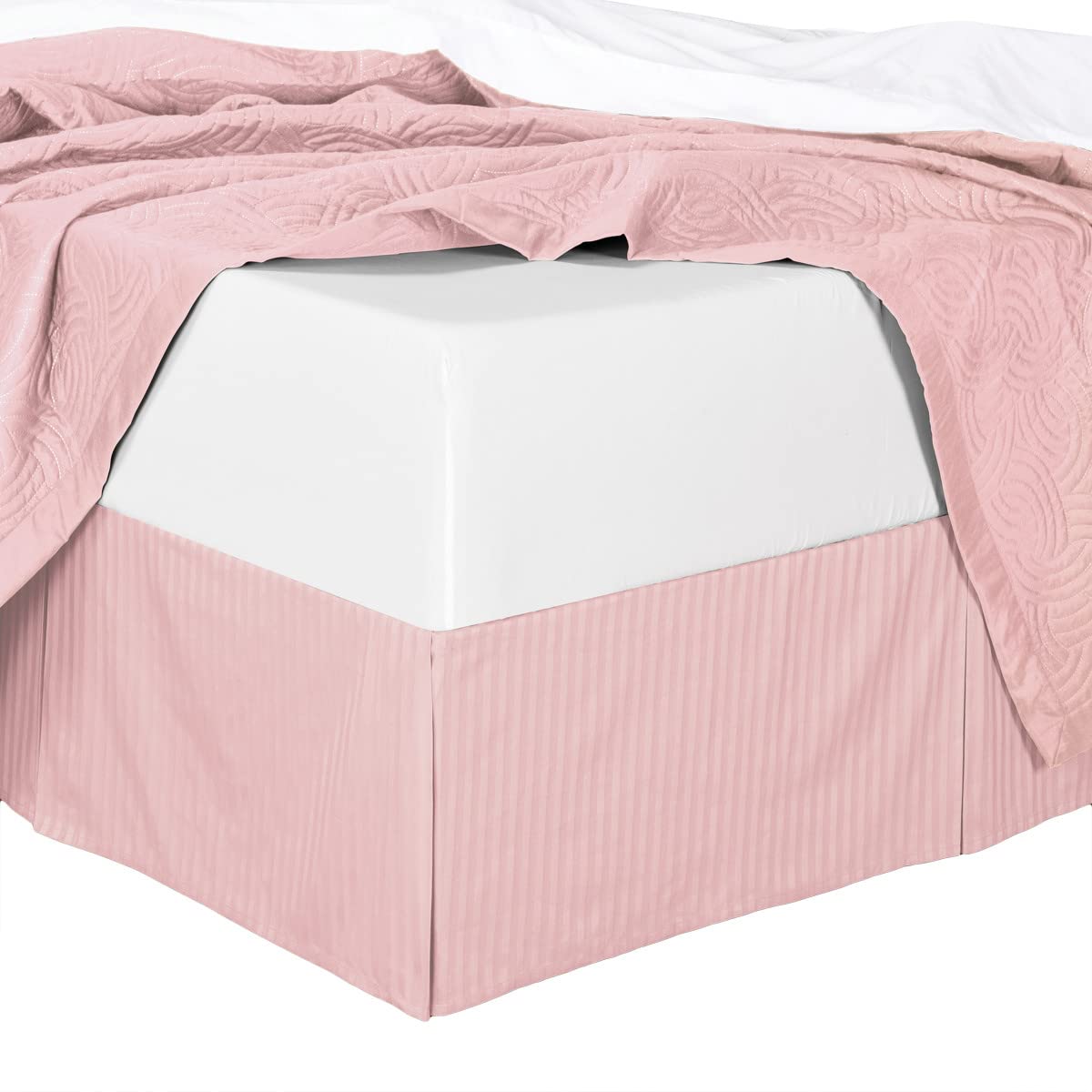 King Size Striped Blush Cotton Bed Skirt - 15 Inch Drop Pleated Tailored Design, 300 Thread Count 100% Cotton Bedding - Perfect for Master Bedroom, Guest Room & Hotel Decor