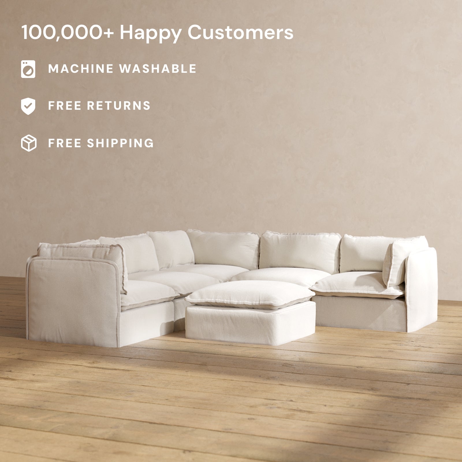 Modular Performance 5-Seater Corner Sectional Sofa with Ottoman in Flour Fabric | Premium Blend Sofa Set for Living Room, Family Room & Home Theater