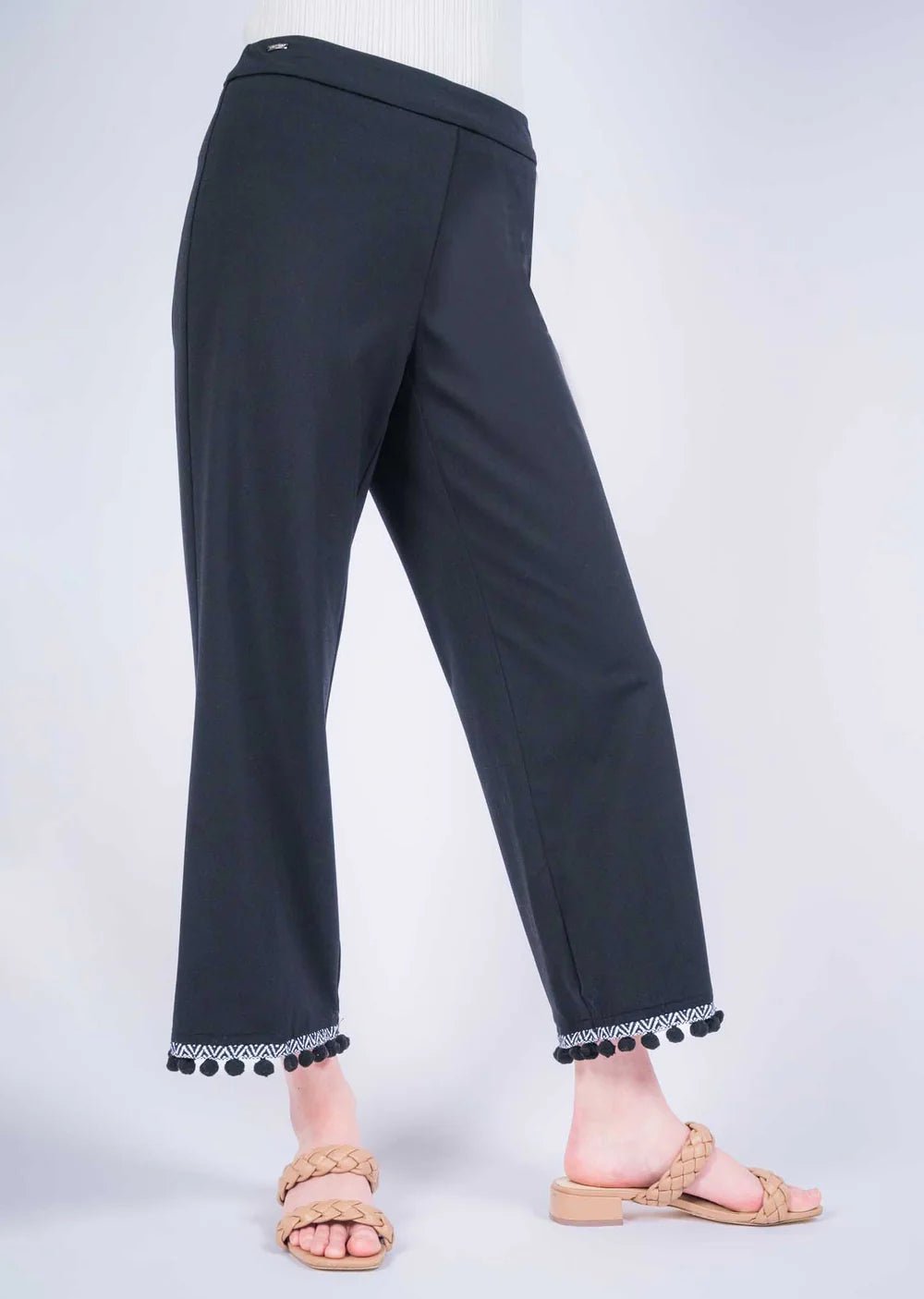 Kathryne Black Wide Leg Pom Pom Pants for Women - Stylish Boho Palazzo Trousers for Casual Wear, Office & Party Outfits