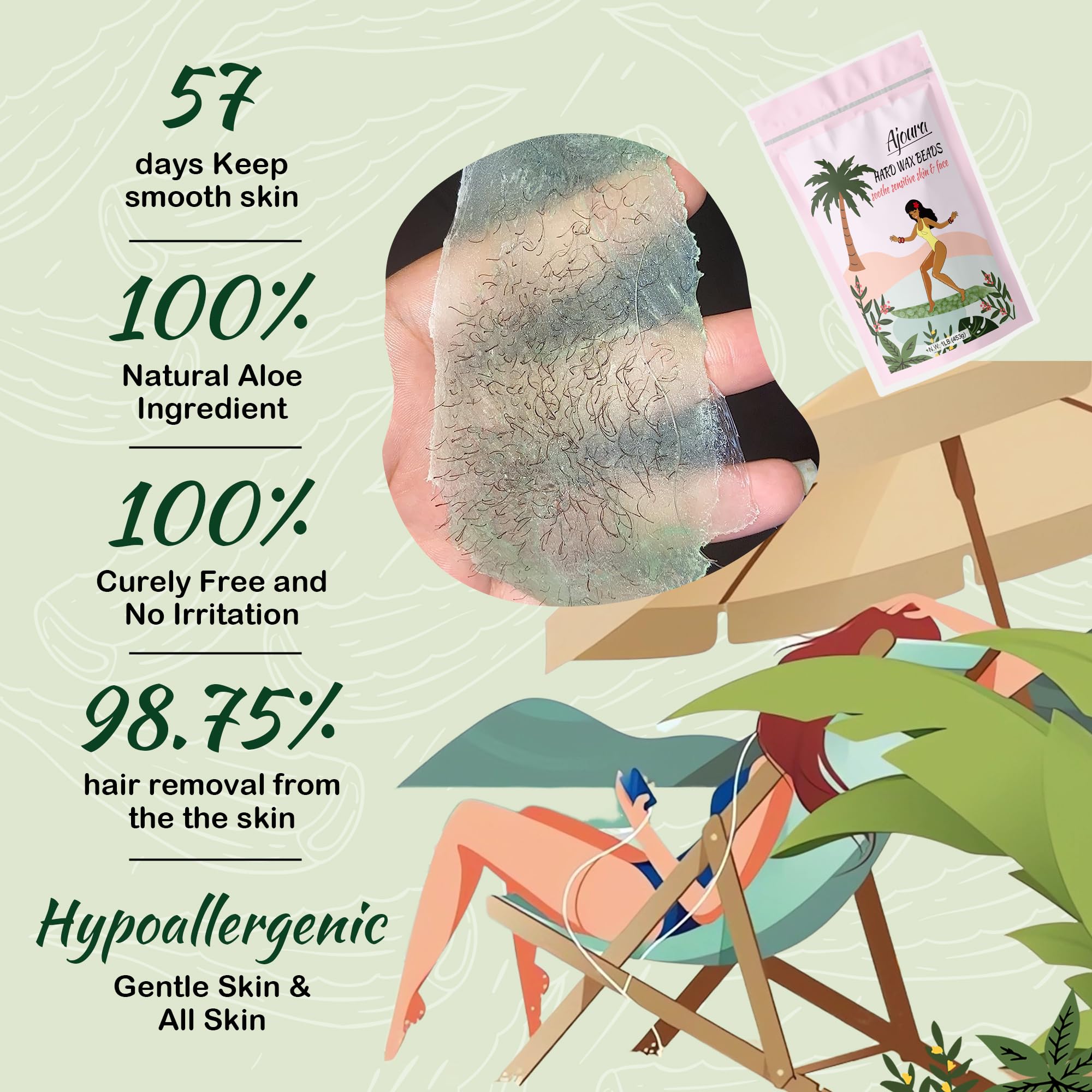 Natural Aloe Vera Wax Hair Removal Beads for Full Body - Gentle & Effective At-Home Hair Removal for Legs, Arms, Bikini Line & Face