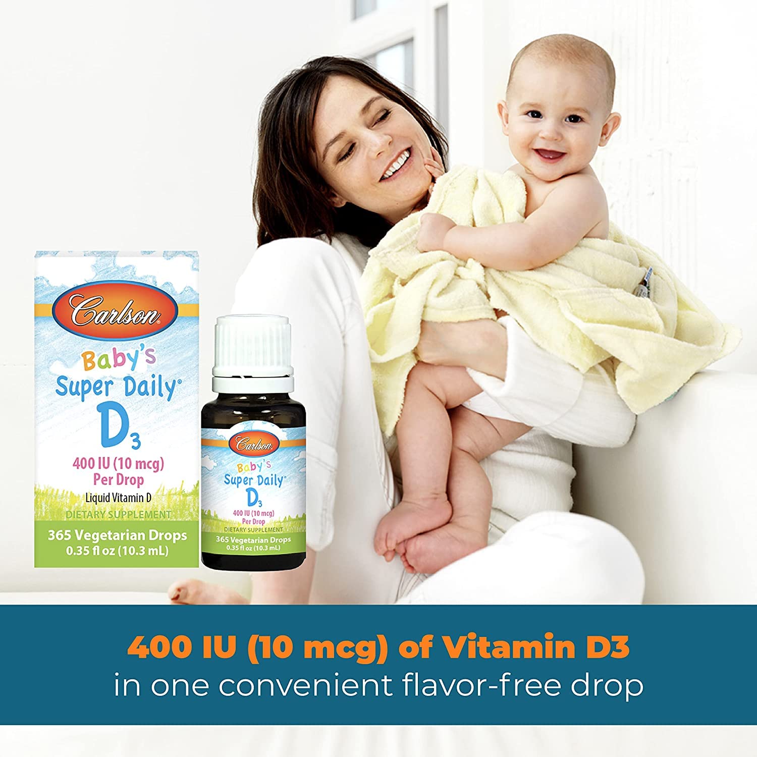 Carlson Labs Baby's Super Daily D3 Drops, 400 IU Vitamin D3 Supplement for Infants (10 ml) - Supports Healthy Bone Development & Immune System - Perfect for Breastfed Babies & Daily Nutrition