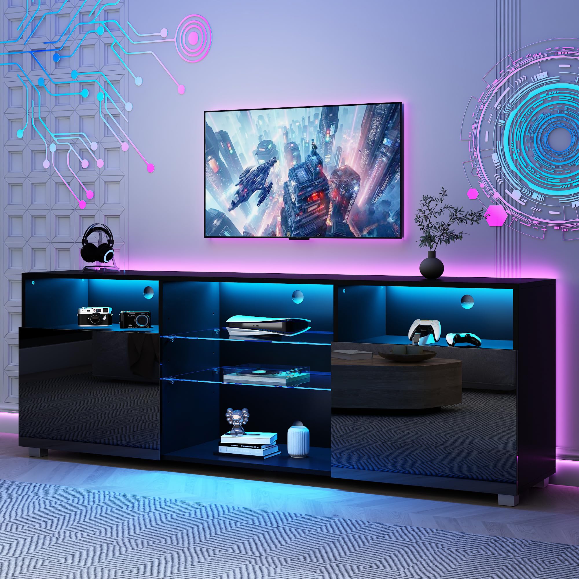 Modern LED TV Stand for 50-55 Inch TVs - High Gloss Black Media Console with Storage Drawer & Ambient Lighting - Entertainment Center for Living Room, Bedroom & Game Room - Space-Saving TV Table with LED Lights for Enhanced Viewing Experience