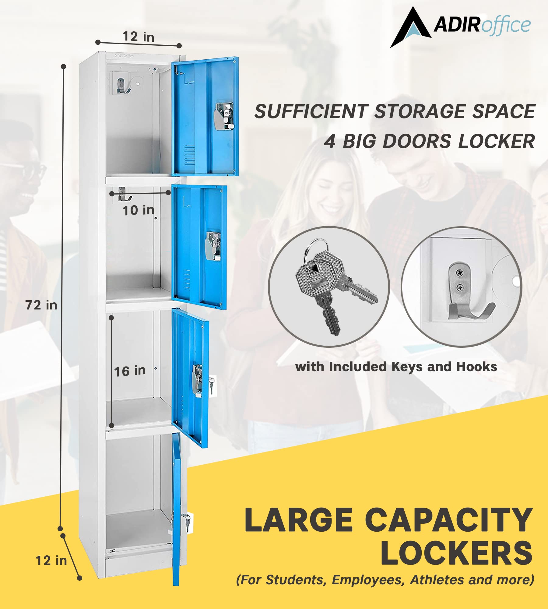 AdirOffice 4-Door Large School Locker with Hooks - Heavy Duty Metal Storage Cabinet for Garage, Office & Classroom Organization (Blue) - Perfect for Storing Sports Gear, Tools & School Supplies
