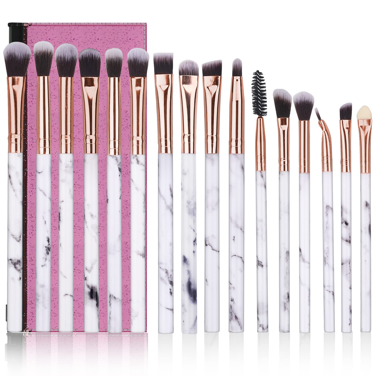 DUAIU 16Pcs Professional Eye Makeup Brush Set - Premium Synthetic Eyeshadow, Eyeliner & Blending Brushes with Marble Handle & Pink Cosmetic Bag - Perfect for Makeup Artists, Beginners & Daily Beauty Routine