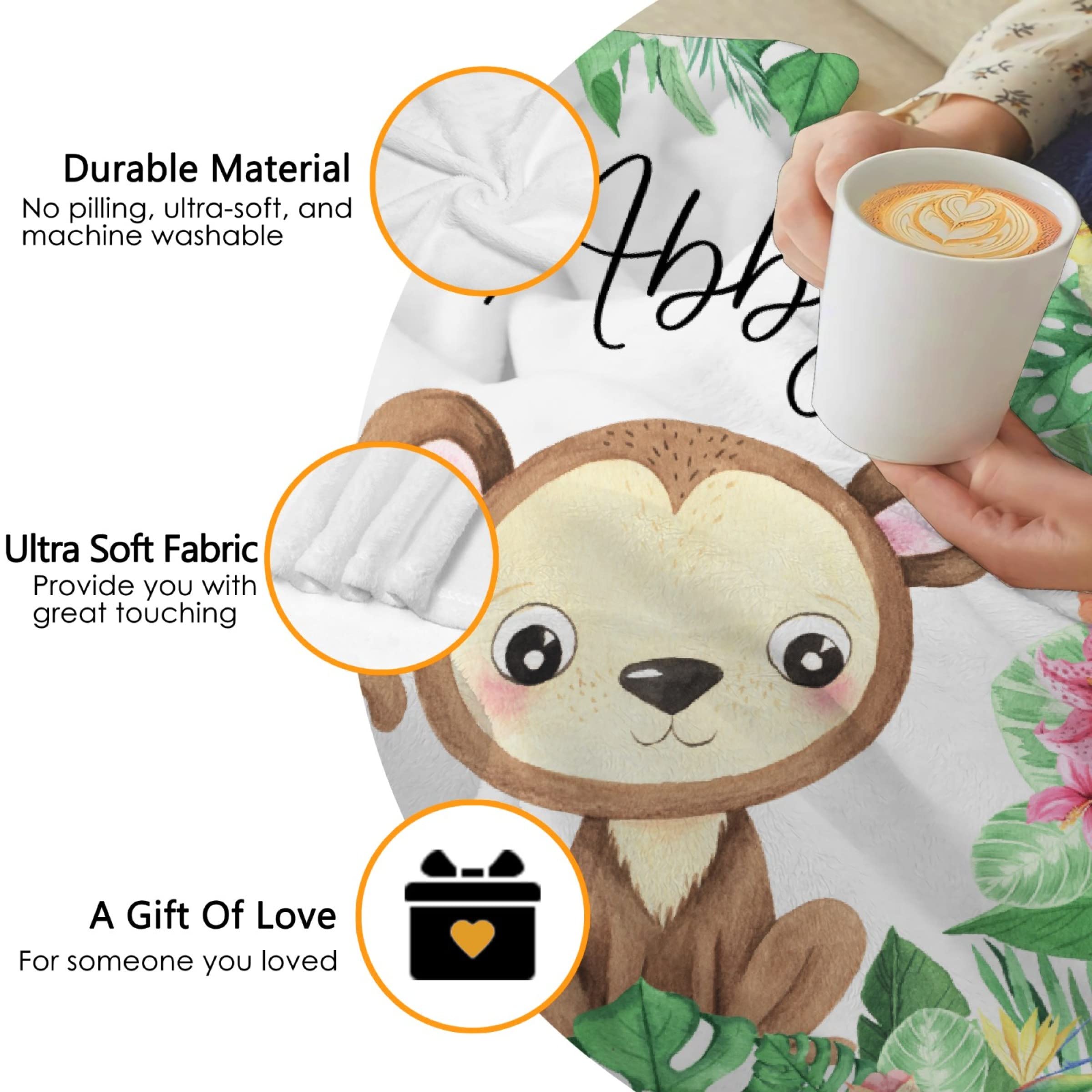 Custom Personalized Throw Blanket with Name & Text - Tropical Floral Monkey Design for Kids, Adults & Family - 90