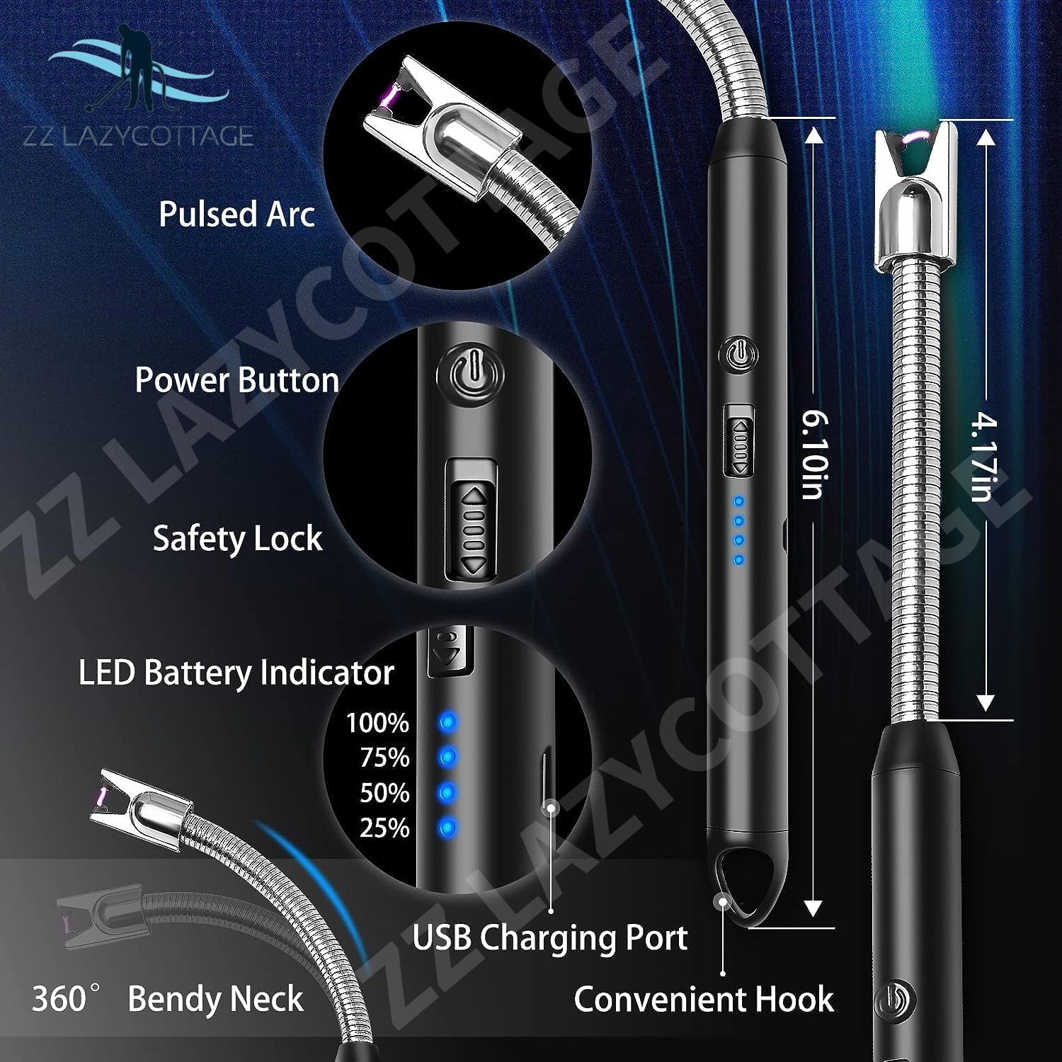 Rechargeable USB Candle Lighter - Windproof Electric Arc Ignition Lighter for Kitchen, BBQ, Candles & Gas Stove | Flameless & Safe for Indoor/Outdoor Use | Perfect for Camping, Fireplaces & Home Decor