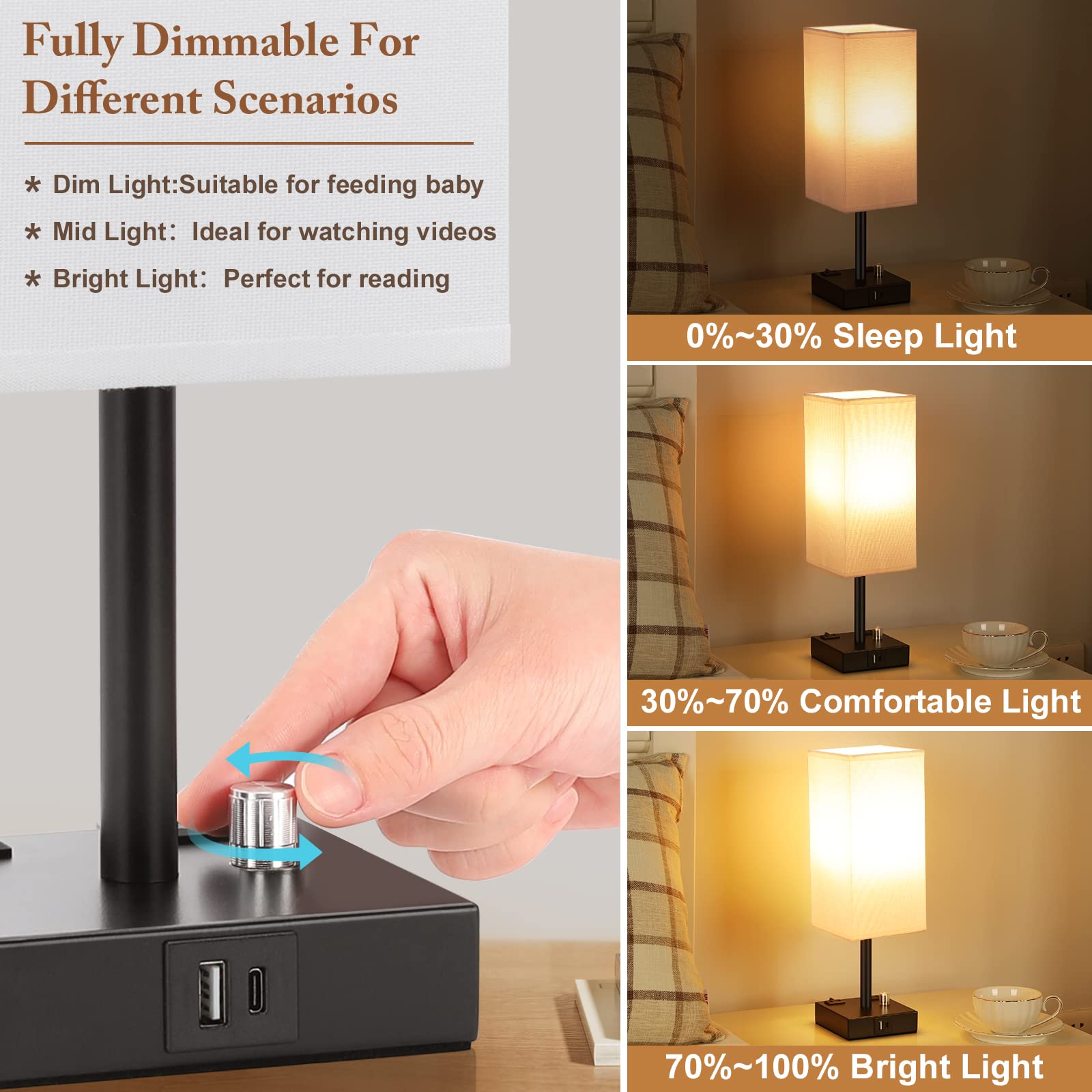 White Fully Dimmable Nightstand Lamps Set of 2 - USB C/A Charging & AC Outlet Table Lamps with Linen Shade for Bedroom, Living Room, Office (Bulb Included) | Modern Lighting for Reading, Working & Nighttime Use