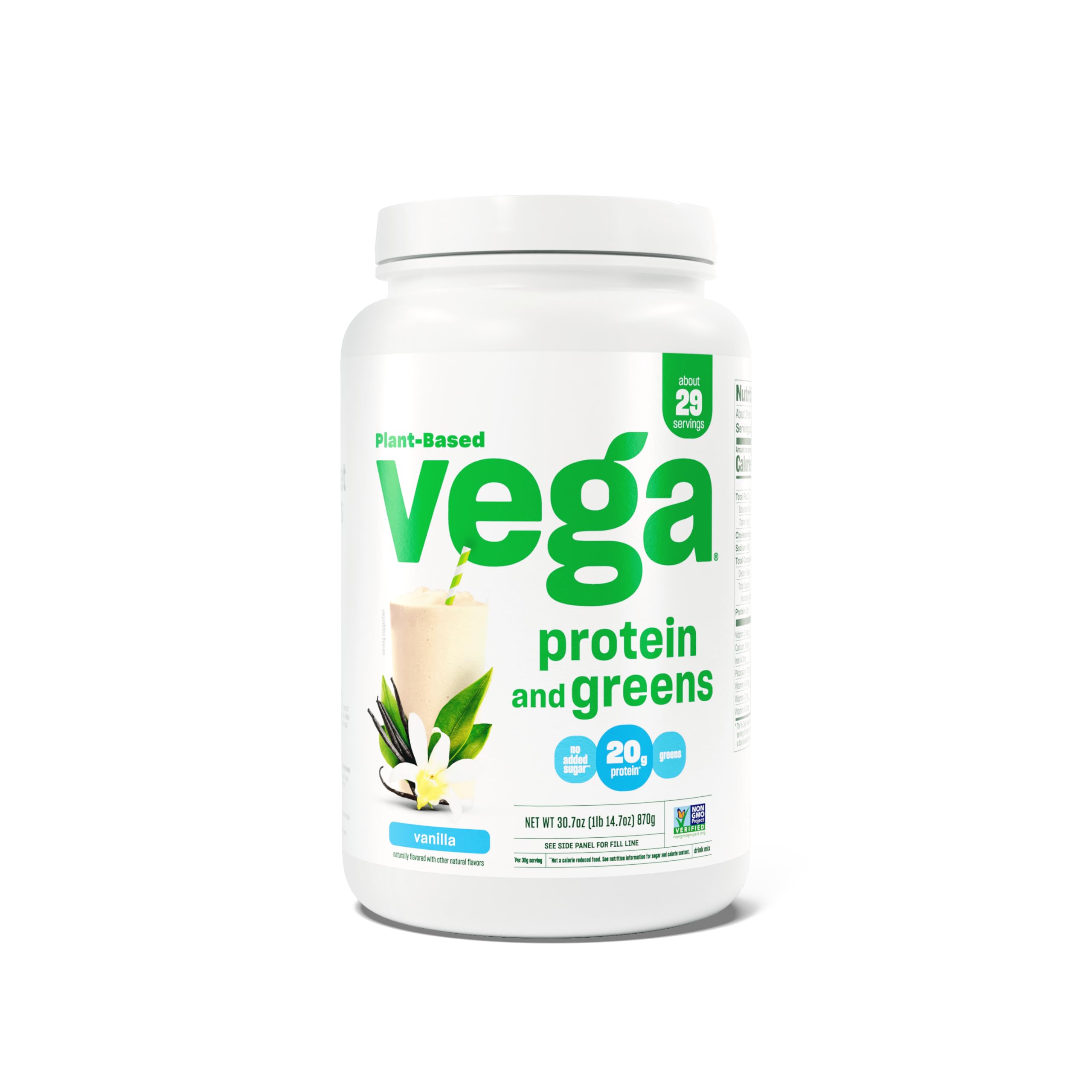 Vega Protein and Greens Protein Powder, Vanilla - 20g Plant-Based Vegan Protein with Superfood Vegetables | Non-GMO, Gluten-Free Pea Protein for Men & Women | 1.9lb (30 Servings) | Perfect for Post-Workout Recovery, Meal Replacement & Healthy Smoothies