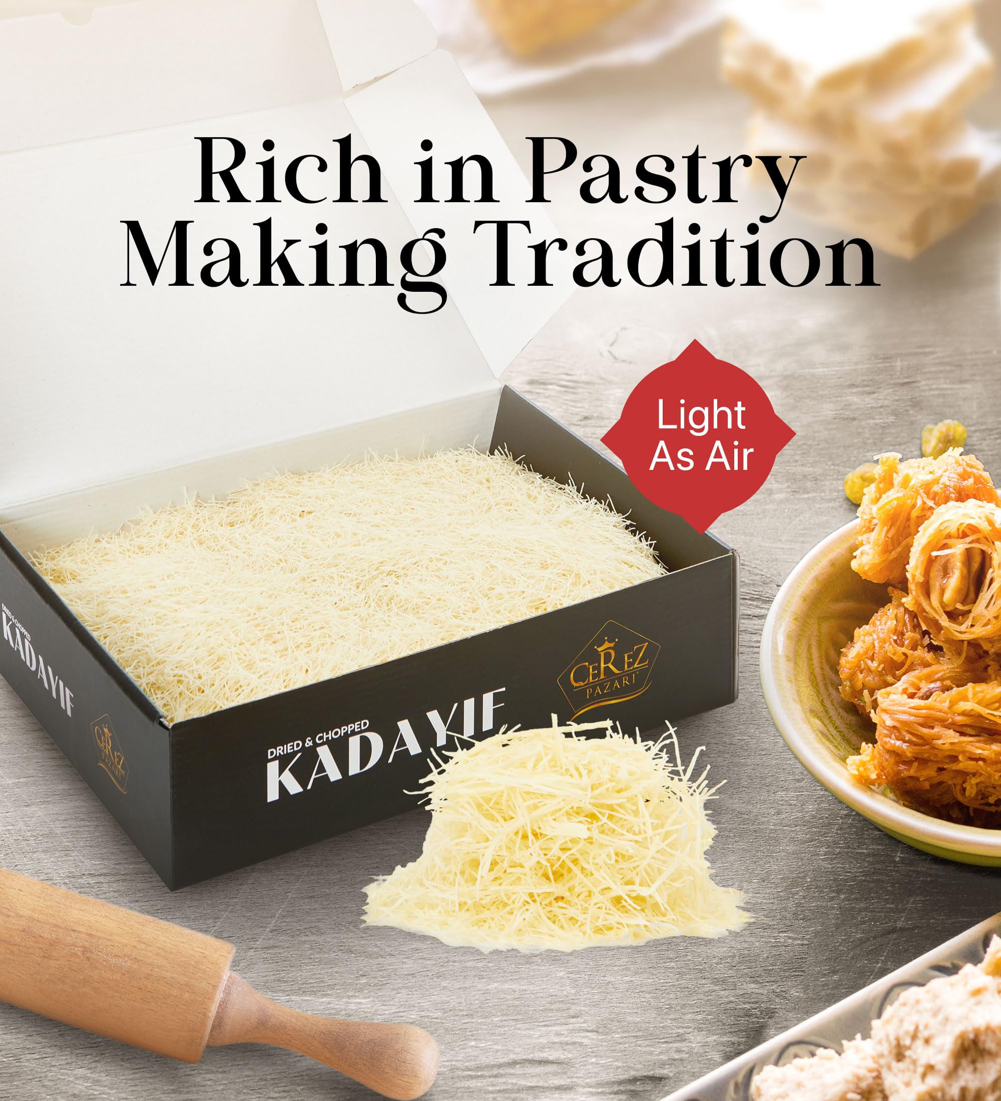 Premium Kataifi Shredded Phyllo Dough (1.1 lb) - Authentic Middle Eastern Pastry for Kunafa, Knafeh & Baklava - Perfect for Dubai Chocolate Bars, Pistachio Desserts & Sweet Treats - Raw, Dried & Ready to Use for Home Baking & Restaurant Recipes