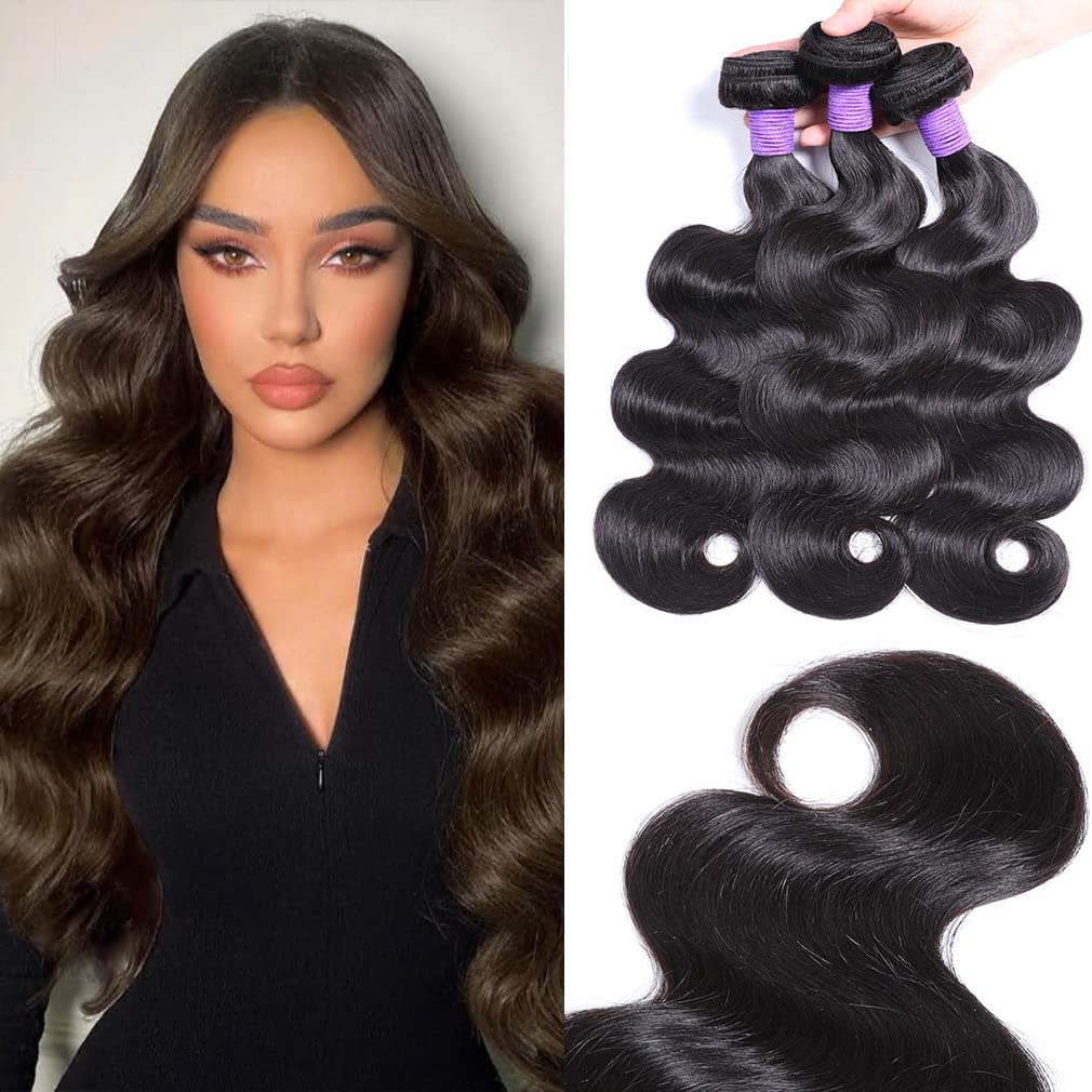Brazilian Virgin Human Hair Bundles 3-Pack - 10/12/14 Inch Body Wave Remy Hair Extensions for Women (1B Color) - Perfect for Styling, Volume & Everyday Wear