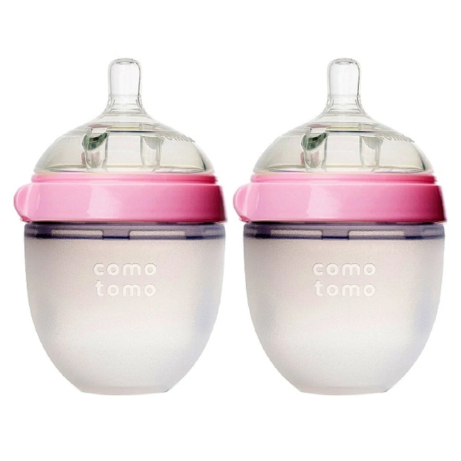 Comotomo Natural Feel Baby Bottle 2-Pack, Pink 5oz (150ml) - BPA-Free Silicone Bottles for Newborns & Infants, Ideal for Breastfeeding Transition & On-the-Go Feeding