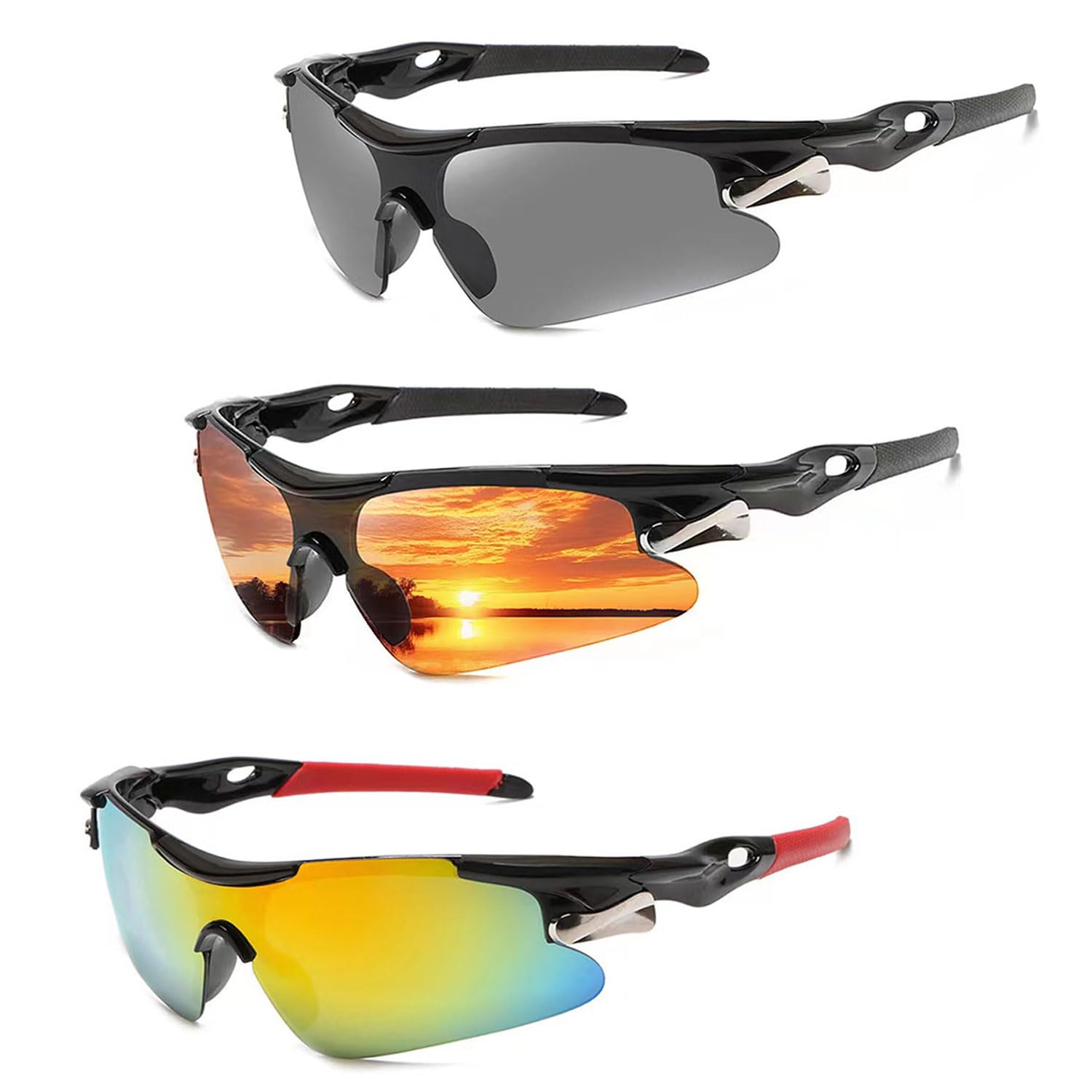 HPLRZXI 3 Pairs UV Protection Sports Sunglasses for Men & Women - Cycling, Running, Golf, Baseball, Fishing & Motorcycle - Lightweight & Durable for Outdoor Activities