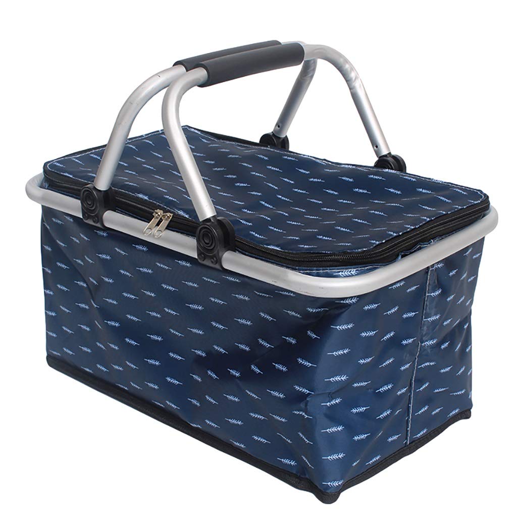 Insulated Lunch Box Organizer - Portable Picnic Basket with Strong Aluminum Frame, Large Foldable Cooler Bag for Outdoor, Camping, Beach & Shopping (Blue)