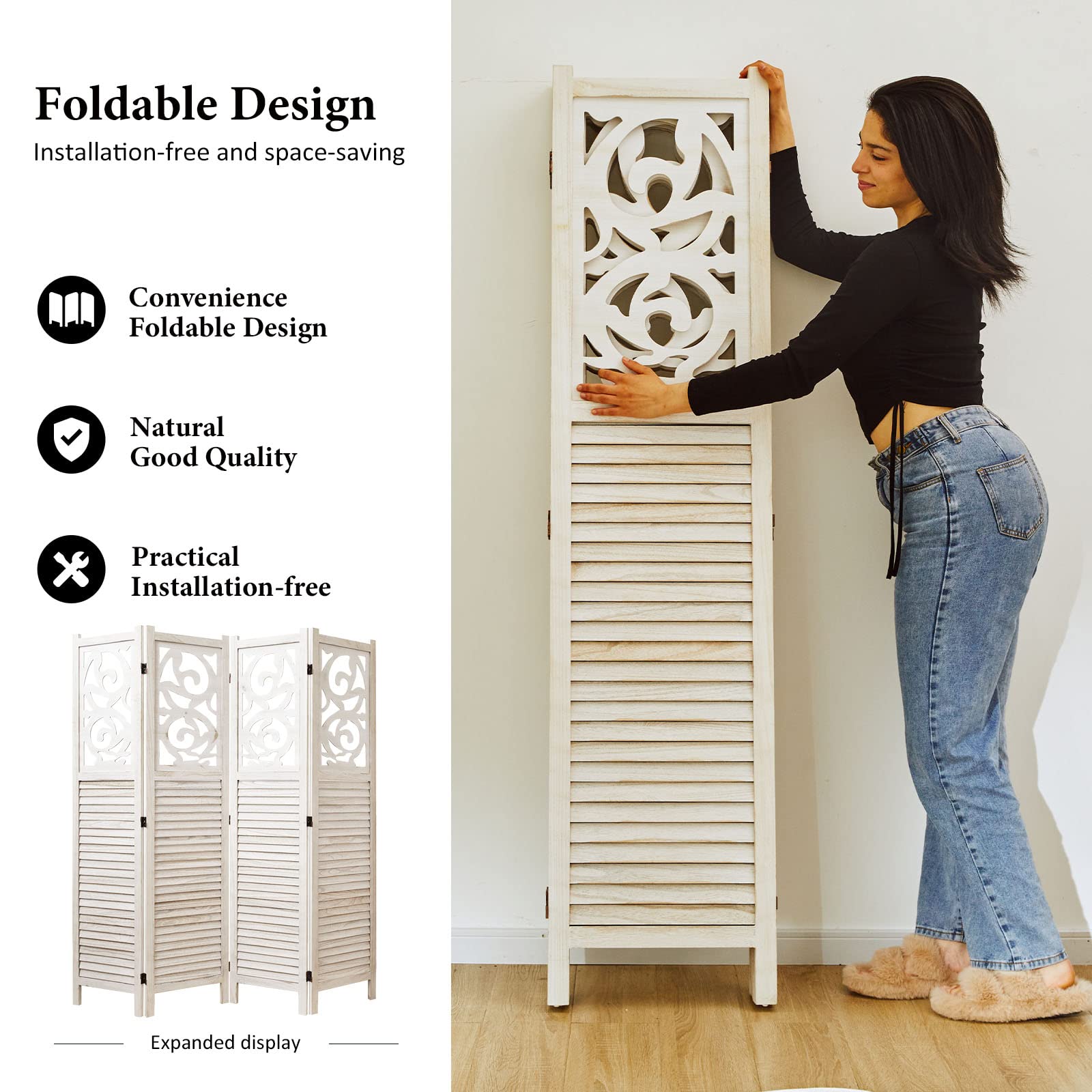 Wooden Room Divider Folding Partition Screen - 4 Panel 67x60 Inch Portable Wall Divider for Home, Office, Garden & Terrace - Perfect for Privacy, Space Separation & Decoration (White)