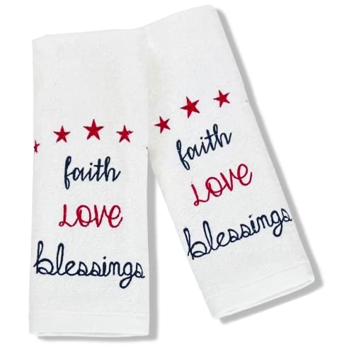 Soft Absorbent Patriotic Americana Hand Towels - Faith, Love & Blessings Design, 2-Piece Set for Kitchen, Bathroom & Home Decor (Summer/Spring Collection)