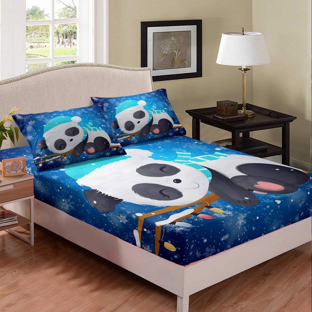 Panda Themed Duvet Cover Set - Queen Size Blue & White Snowflake Print 3-Piece Bedding (1 Fitted Sheet + 2 Pillowcases) for Kids & Teens - Cute Chinese Panda Bear Design - Perfect for Nursery, Dorm Room or Gift