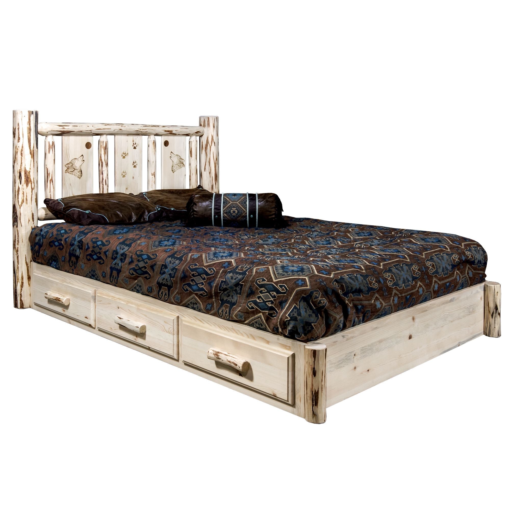 Montana Platform Bed with Storage - Laser Engraved Design & Clear Lacquer Finish | Modern Bedroom Furniture for Small Spaces & Apartment Living